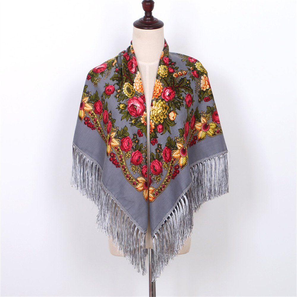 BEüACC Modeschal Damenschal,Ethnischer Stil Twill Baumwolle Fransen quadratischer Schal Grau