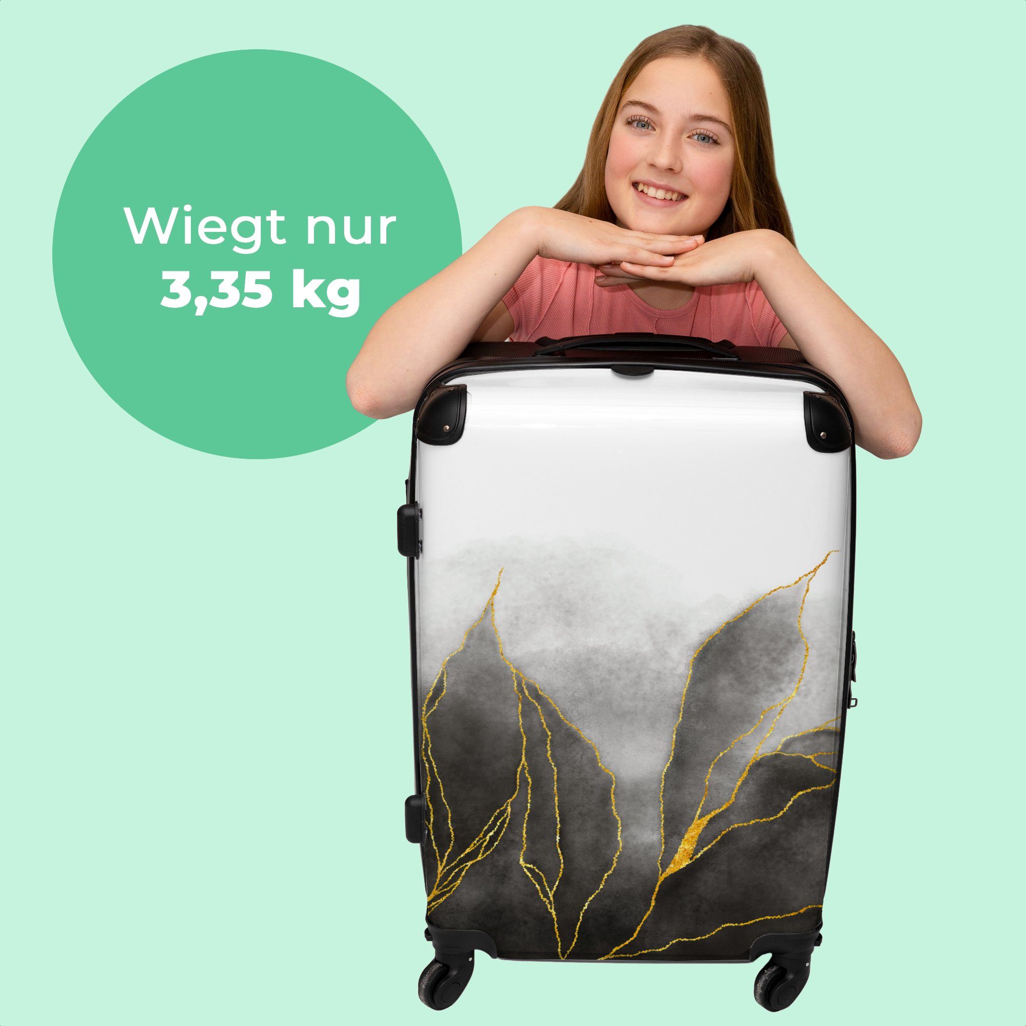 67x43x25cm Trolley Koffer 4 Schwarz - Reisekoffer Marmor 4 Rollen Gold Marmoroptik, - Aufgabegepäck NoBoringSuitcases.com© Rollkoffer - mit Große - Luxus - Rollen,