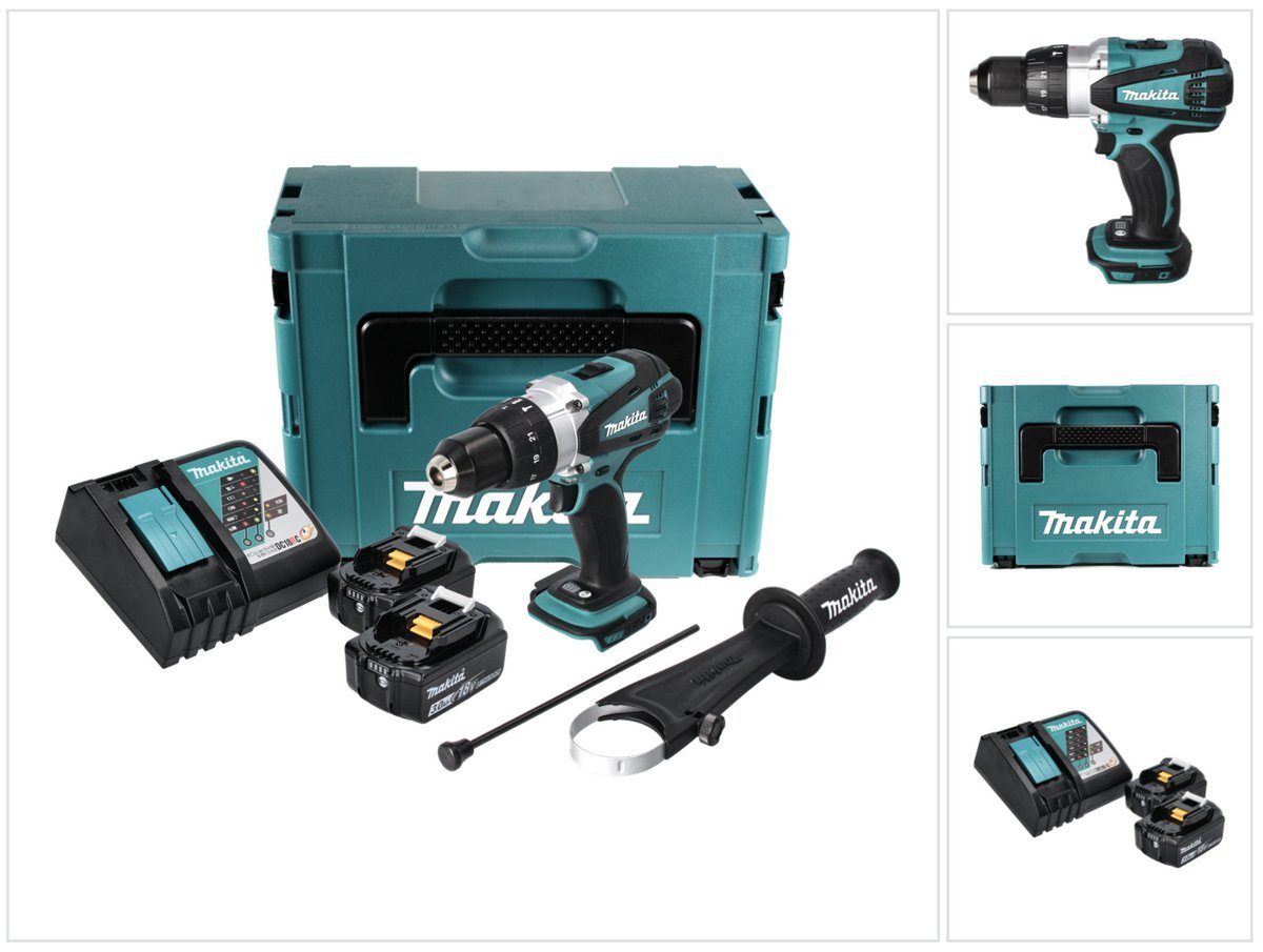 Makita Schlagbohrmaschine DHP 458 V + Akku La + Nm RFJ Ah 91 3,0 2x 18 Akku Schlagbohrschrauber