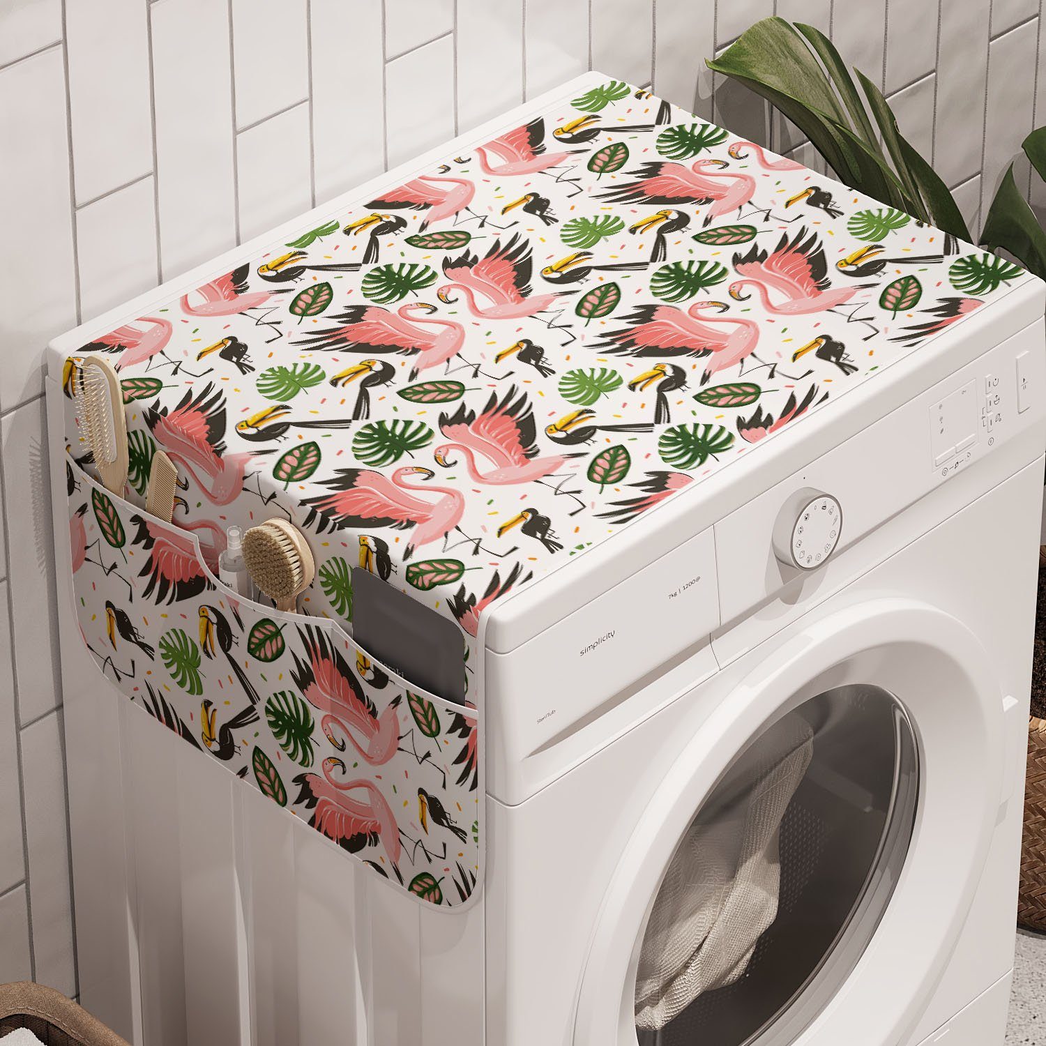 Abakuhaus Badorganizer Anti-Rutsch-Stoffabdeckung für Waschmaschine und Trockner, Boho Exotische Flamingo und Blätter