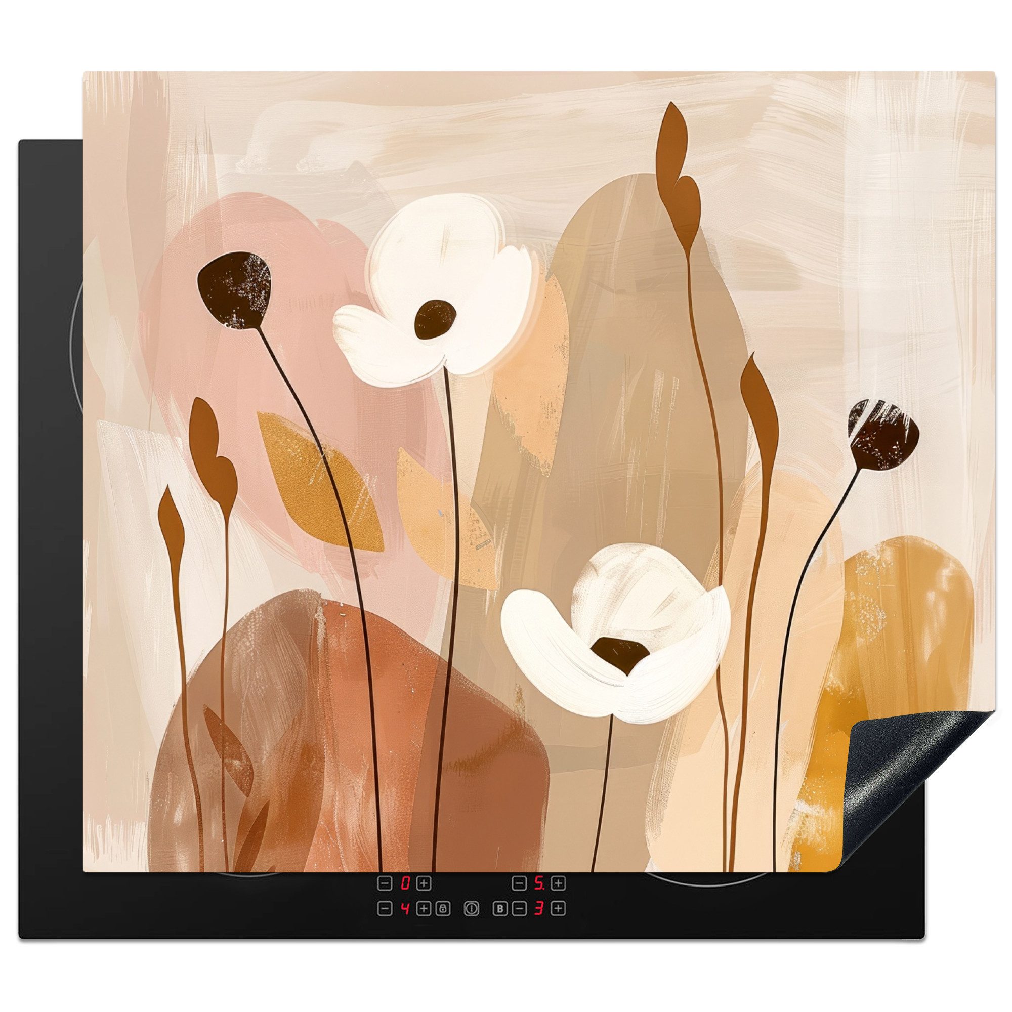 MuchoWow Herd-Abdeckplatte Beige - Blumen - Abstrakt - Kunst, Vinyl, (1 tlg), Cerankochfeld Abdeckung, Herd Abdeckplatten Vinyl, 58.3x51.3 cm