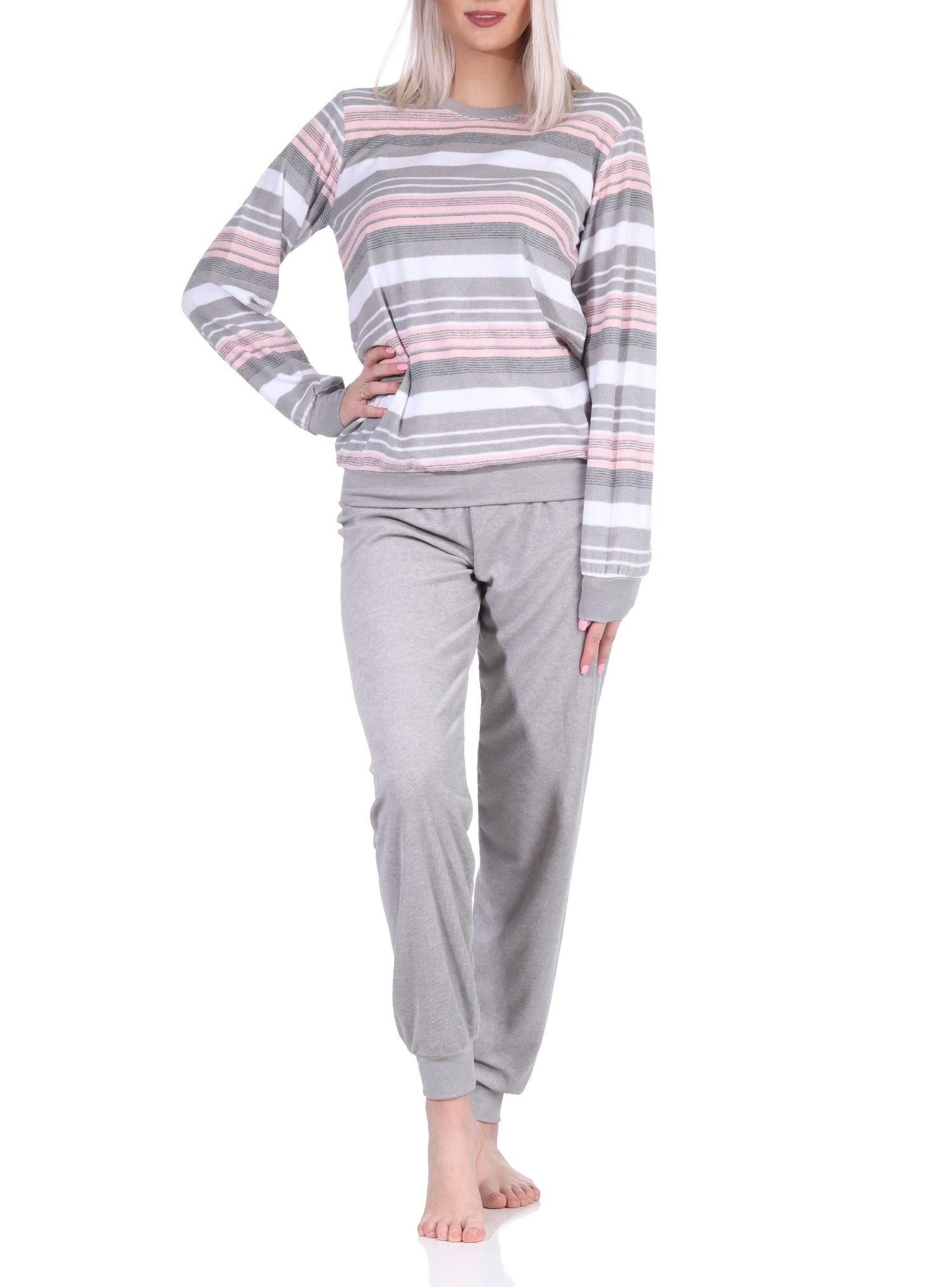Pyjama Damen Frottee Pyjama langarm Schlafanzug mit Bündchen Streifenoptik