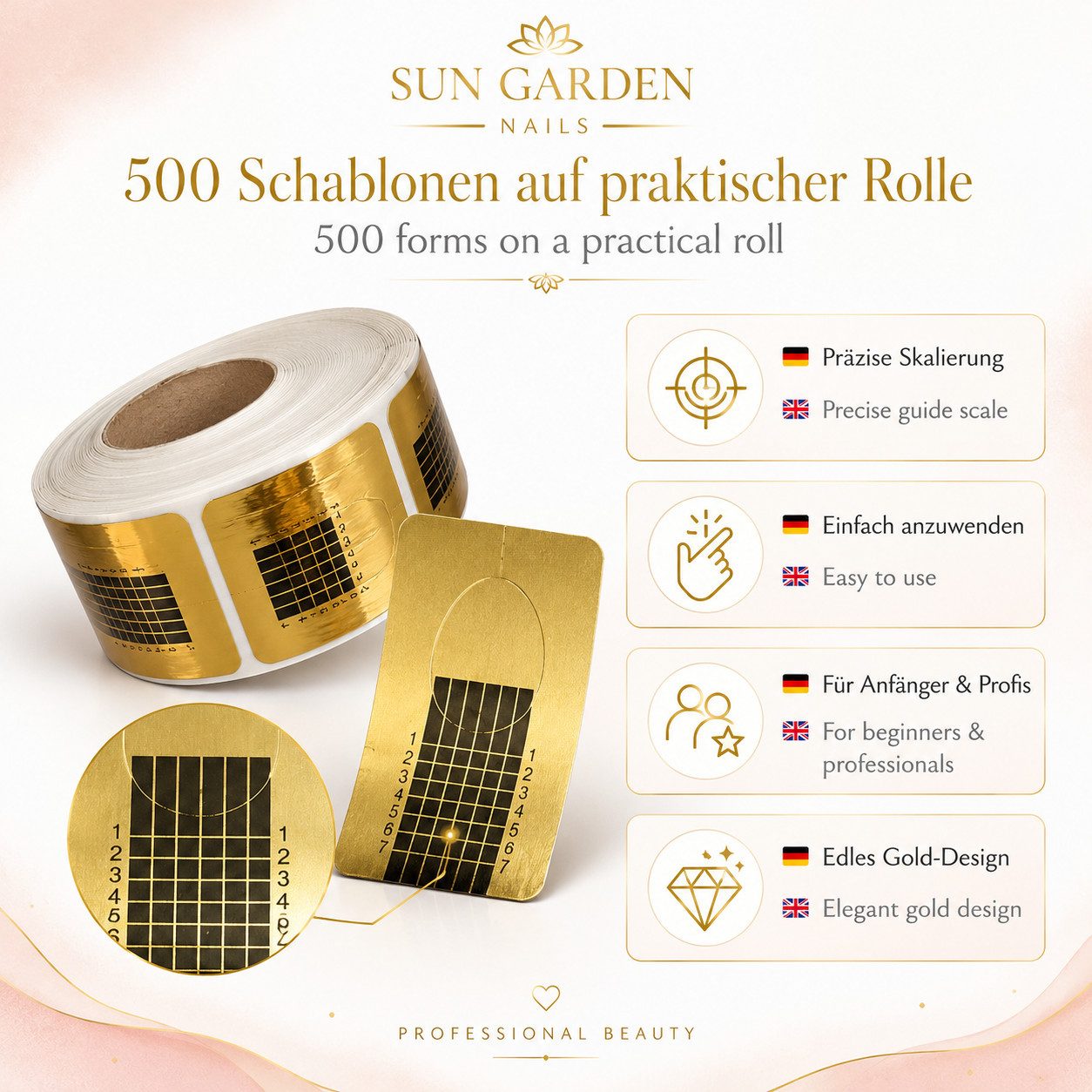 Sun Garden Nails Nageldesign Zubehör Modellierschablonen 500 St. Gold - Nagelschablonen, Nagelverlängerung