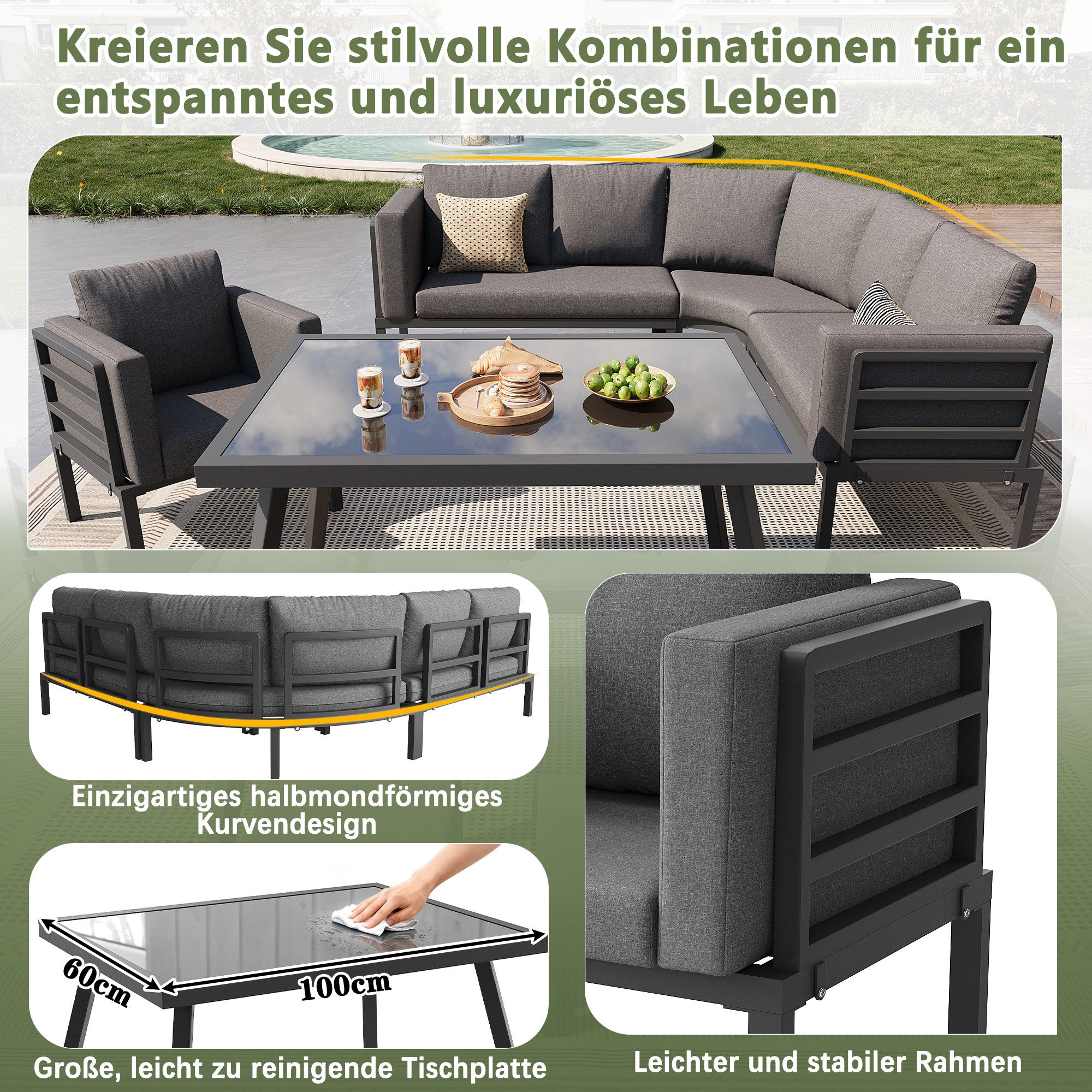 i@home Gartenlounge-Set, (7-tlg), für 8 Personen, mit Glastisch, 1 Sessel & 2 Hockern, Wetterfeste