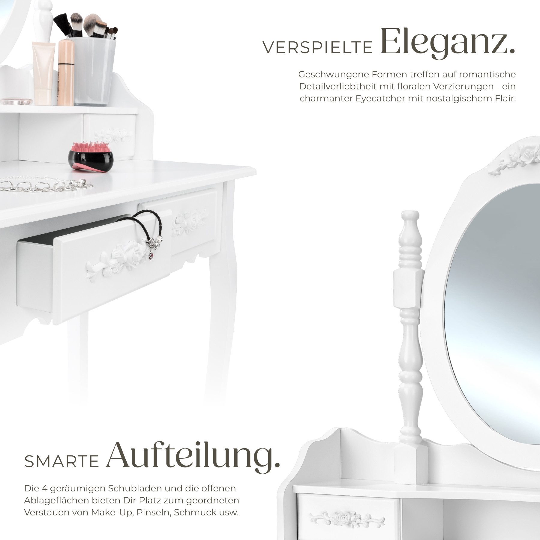 tectake Schminktisch Frisiertisch mit Spiegel und Hocker im Antik Look (1-St., 2 tlg), Stabile und hochwertige Verarbeitung