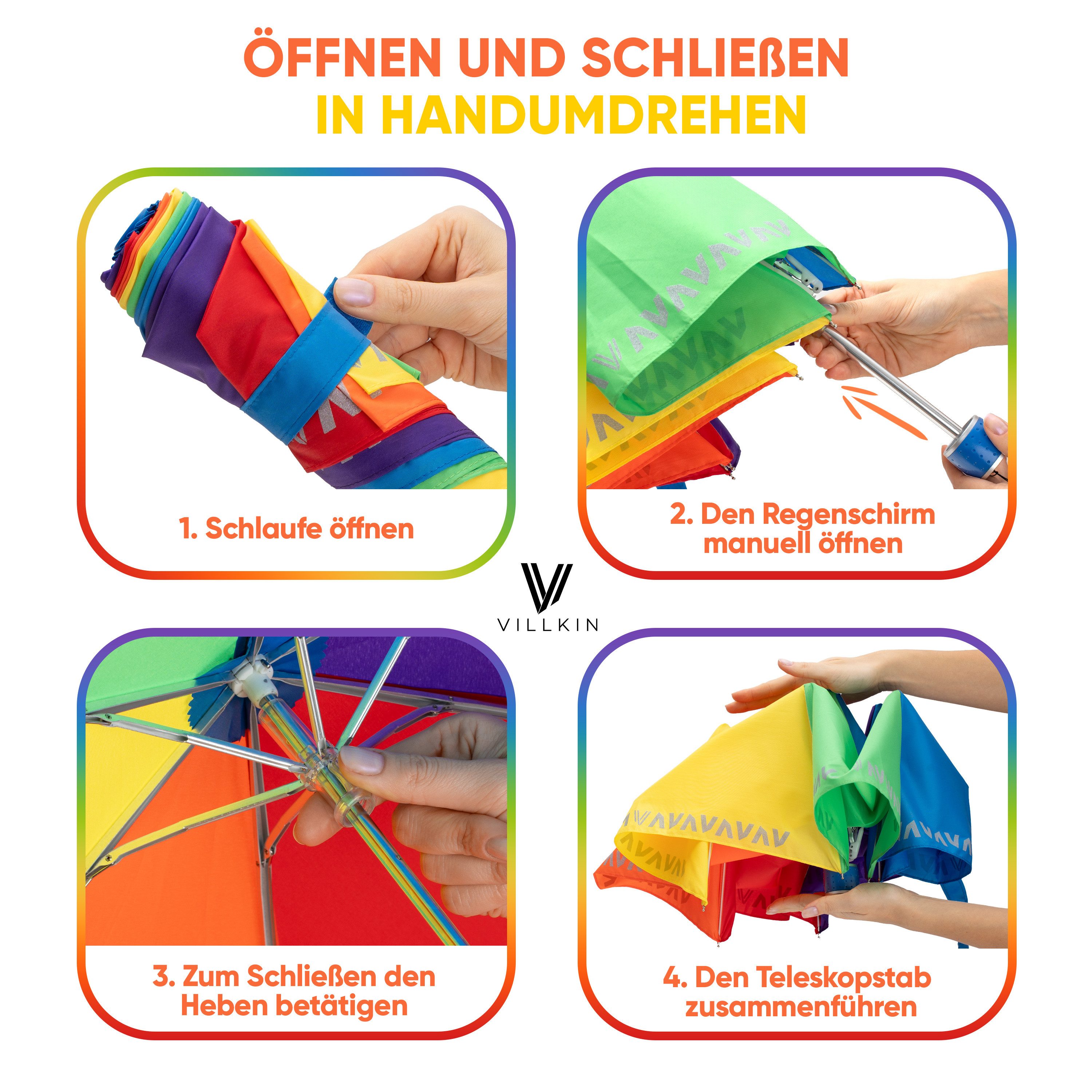 Villkin Taschenregenschirm, Kinderschirm Bunt mit Reflexstreifen, Regenschirm, Mini-Schirm, kompakt, leichtgewicht, trocknet schnell, Reflexstreifen