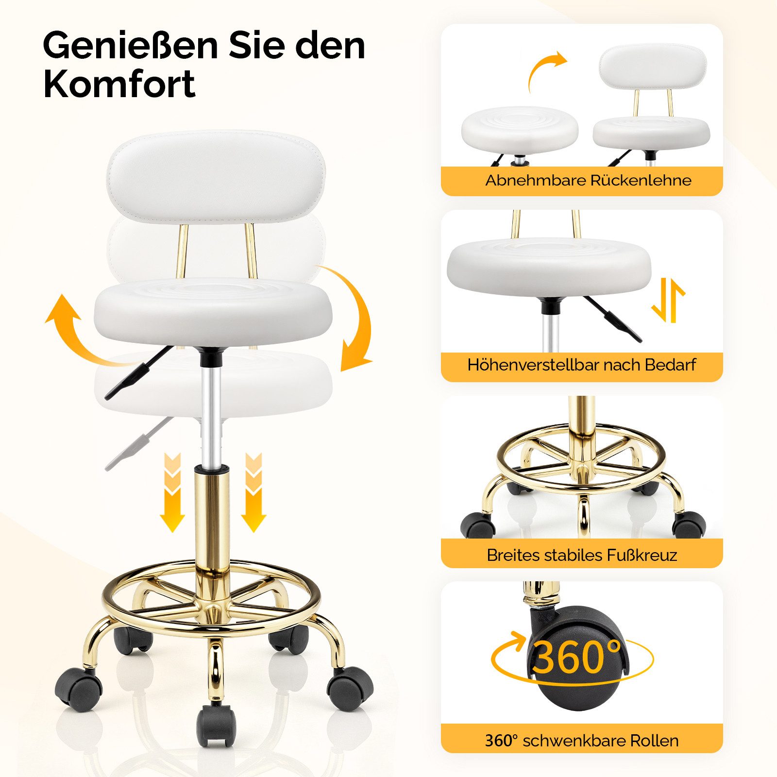VINGLI Drehhocker Rollhocker Bürohocker Hocker für Salon, Tattoo-Studio, Büro, Zuhause, Höhenverstellbar 47-61,5 cm, mit Lehne Abnehmbar, 360 ° Drehbar – Bild 2 von 5
