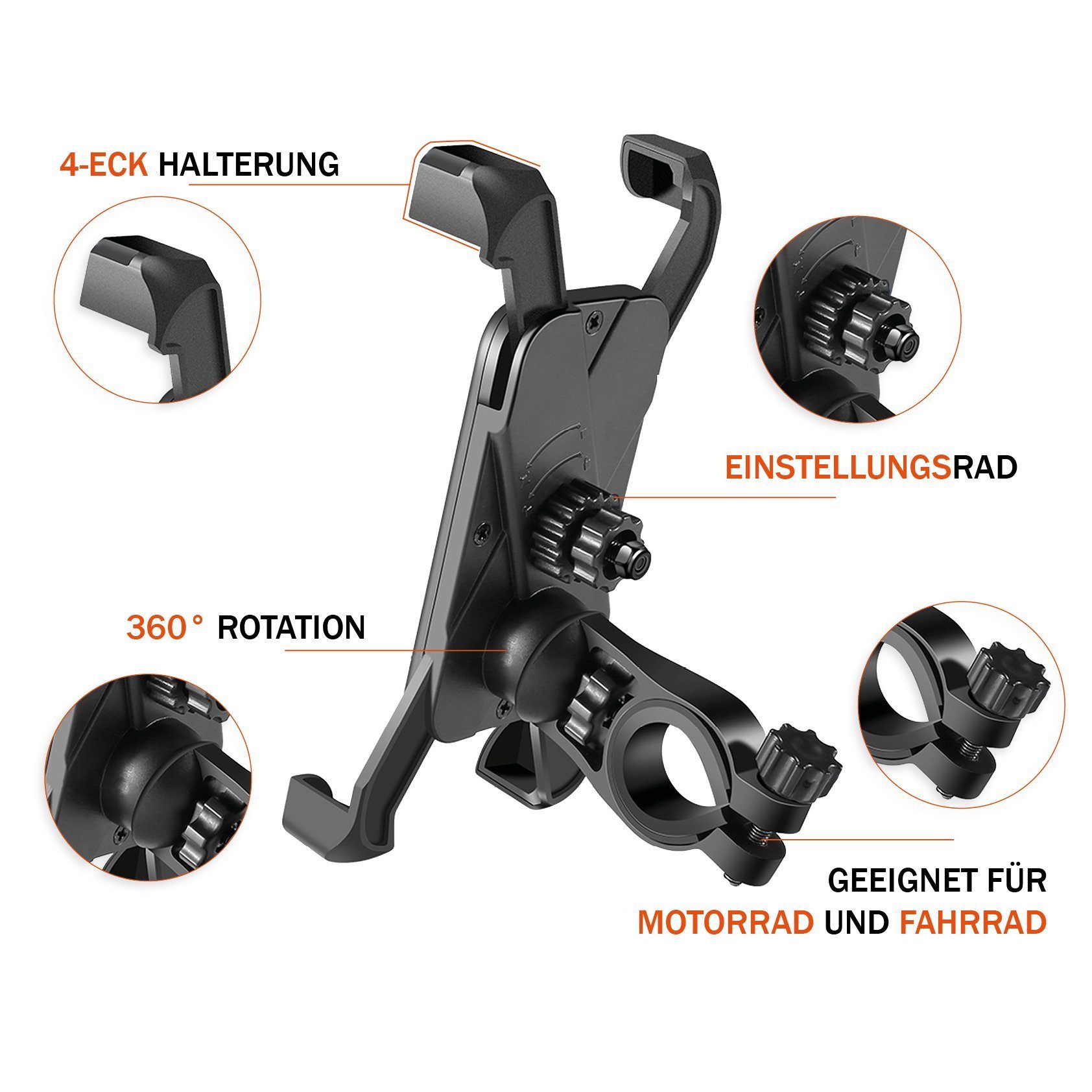 Shopbrothers Mobile Phone Holder Bicycle Phone Mount Universal Mobile Phone Motorcycle E-Scooter Mount, (up to 7.00 inches, Set, 1-piece, 360 Degree Outdoor Bicycle Holder for iPhone, Samsung, Huawei, XIAOMI)