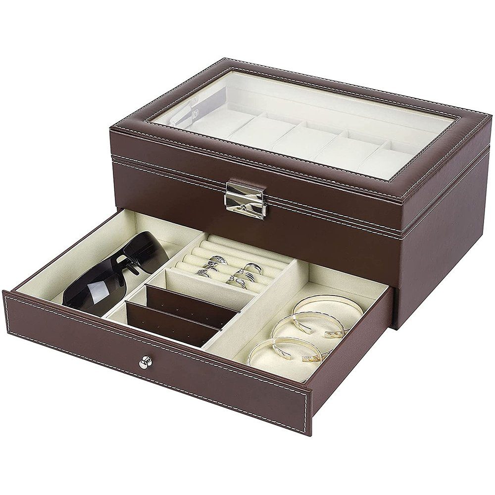 Rosnek Uhrenbox 2-Etagen, 12 Fächer, für Uhren, Schmuck und Gläser, mit Schloss und Schlüssel Braun