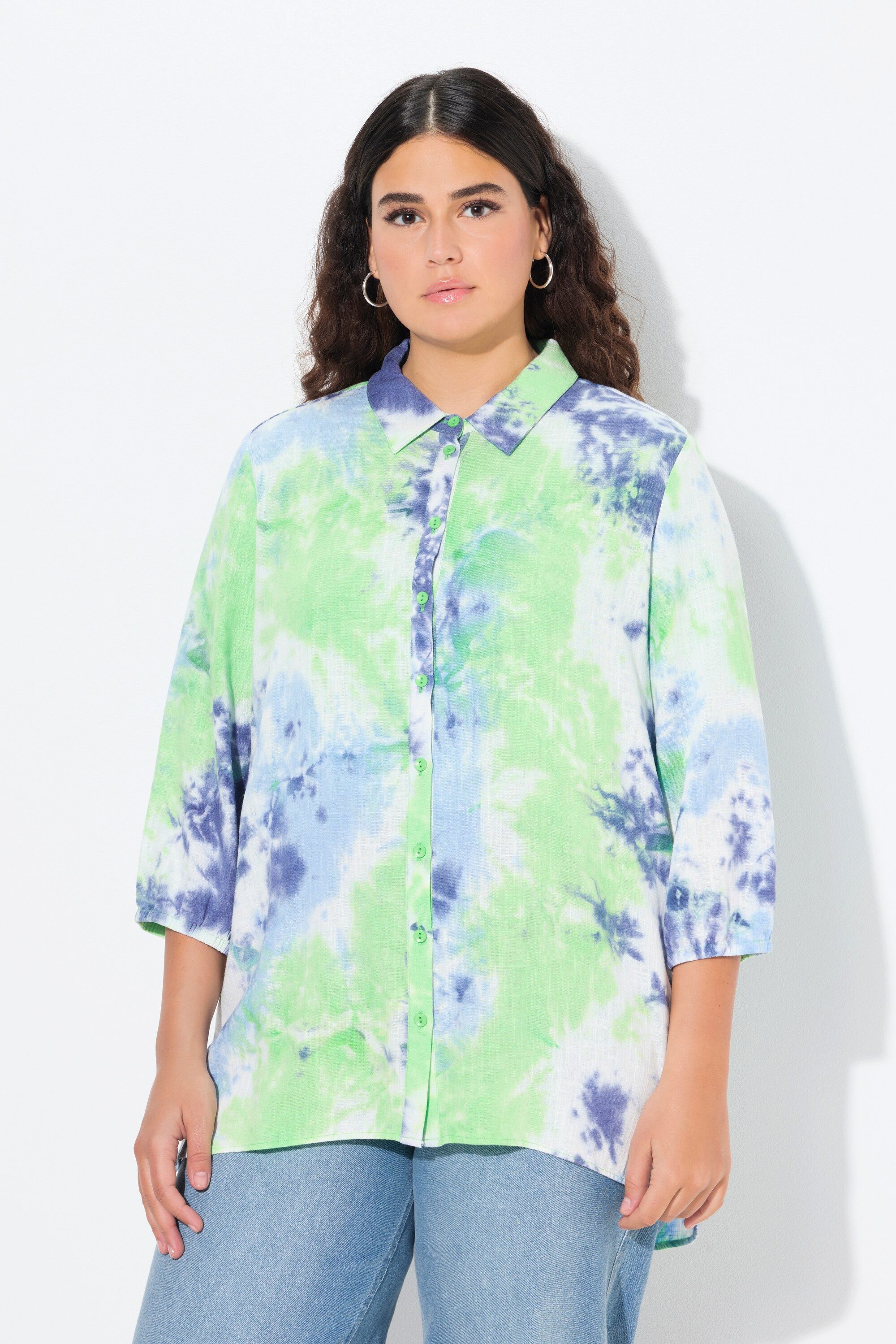 Ulla Popken Longbluse Leinenmix-Bluse Batik-Druck Hemdkragen günstig online kaufen