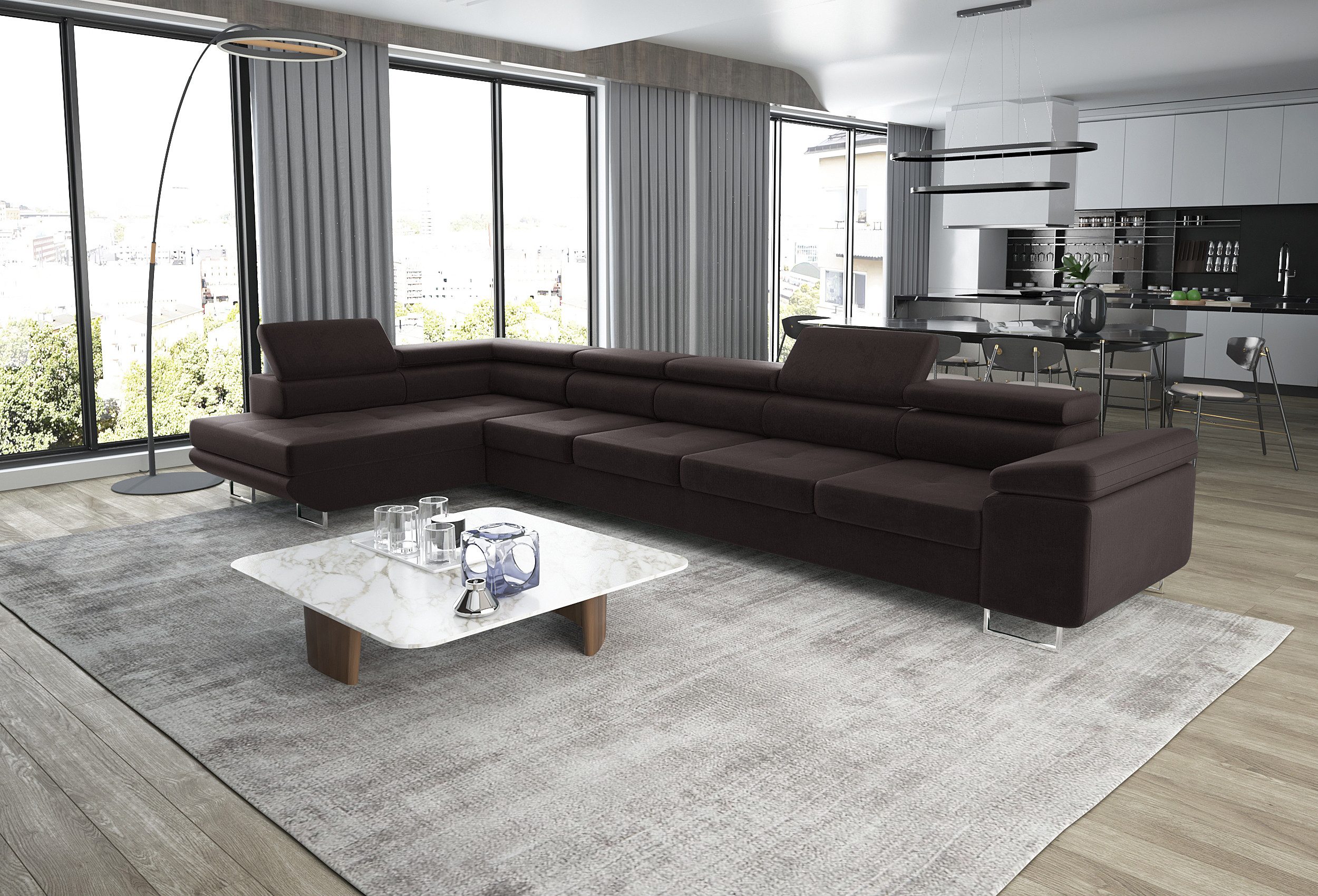 thematys Ecksofa ASTON MAXI 405 x 203cm mit Schlaffunktion & Bettkasten –, L-Sofa mit 5 verstellbaren Kopfstützen, Samt (Monolith), Cord (Poso) - L-Form, XL-Wohnlandschaft, 405 cm breit