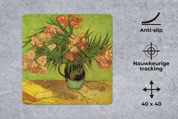 MuchoWow Gaming Mauspad Stillleben Vase mit Oleander und Büchern - Gemälde von Vincent van (1-St), Mousepad mit Rutschfester Unterseite, Gaming, 40x40 cm, XXL, Großes