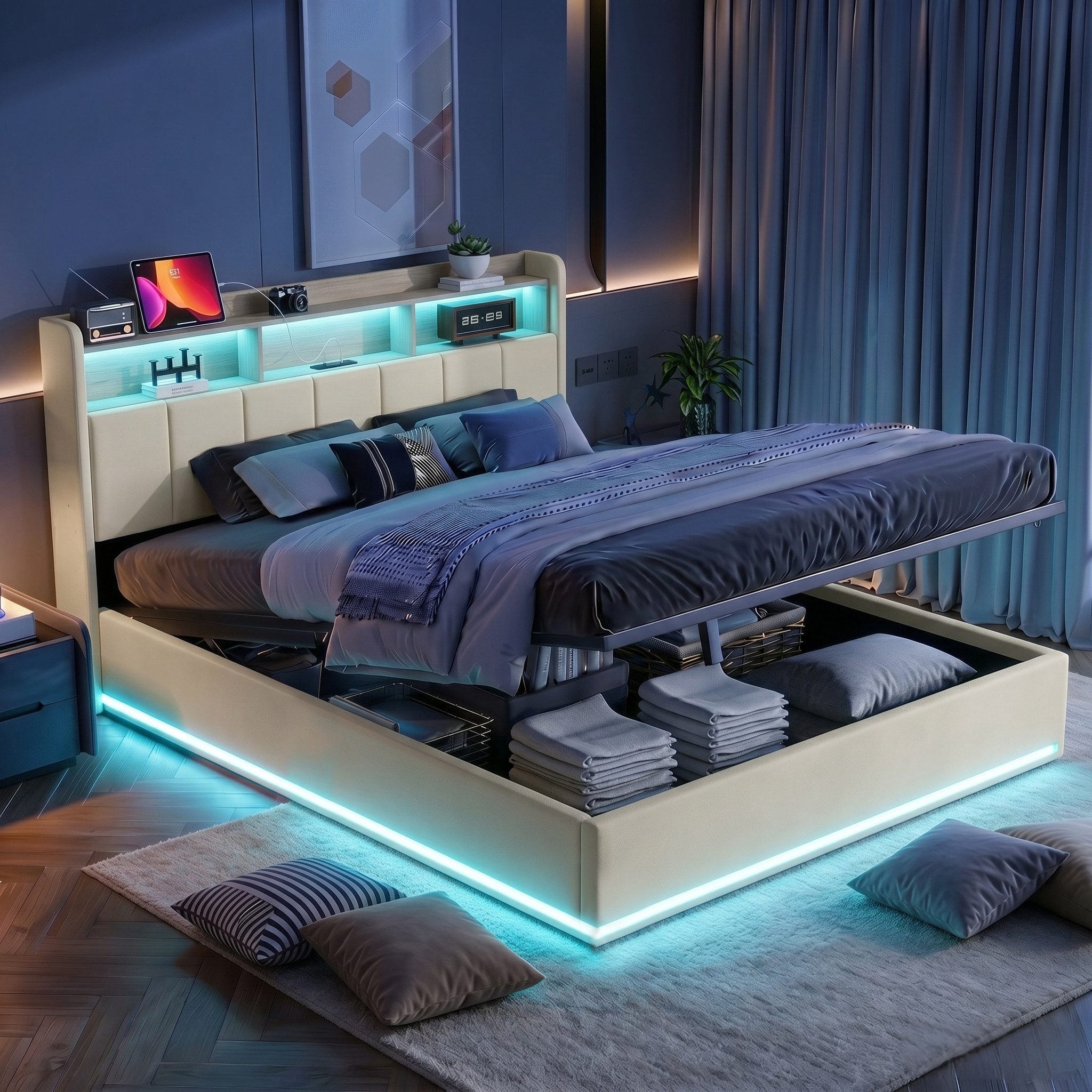 PXloue Polsterbett Doppelbett mit Stauraum (Funktionsbett), mit Kopfteil-Stauraum, LED-Beleuchtung, Samt, 140x200 cm