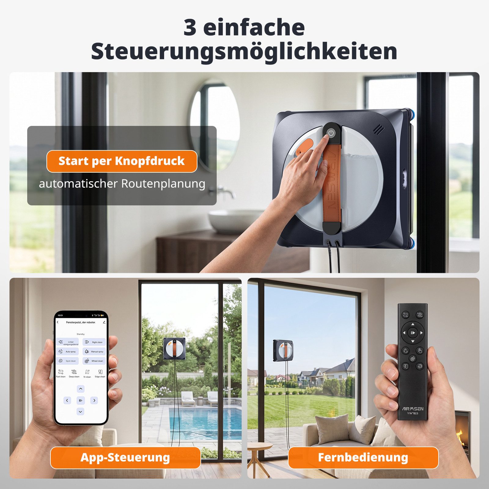 Airmsen Fensterputzroboter 8000Pa Fensterreiniger Elektrisch mit 160ml Wassertank, 4 Modes, Anti-Rutsch-Räder,Sprachsteuerung, automatische Fensterreinigung
