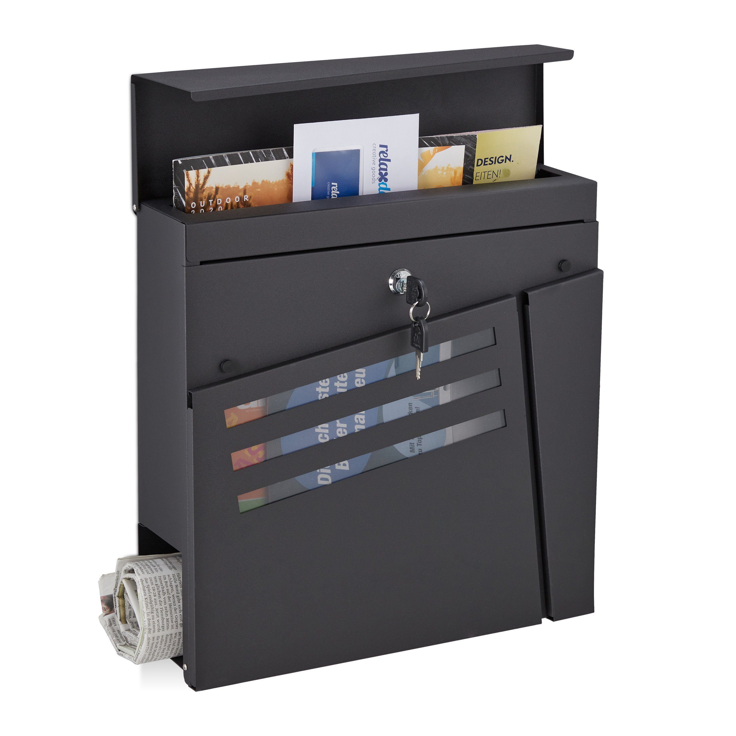 relaxdays Briefkasten Schwarzer Briefkasten mit Zeitungsfach (3-St)