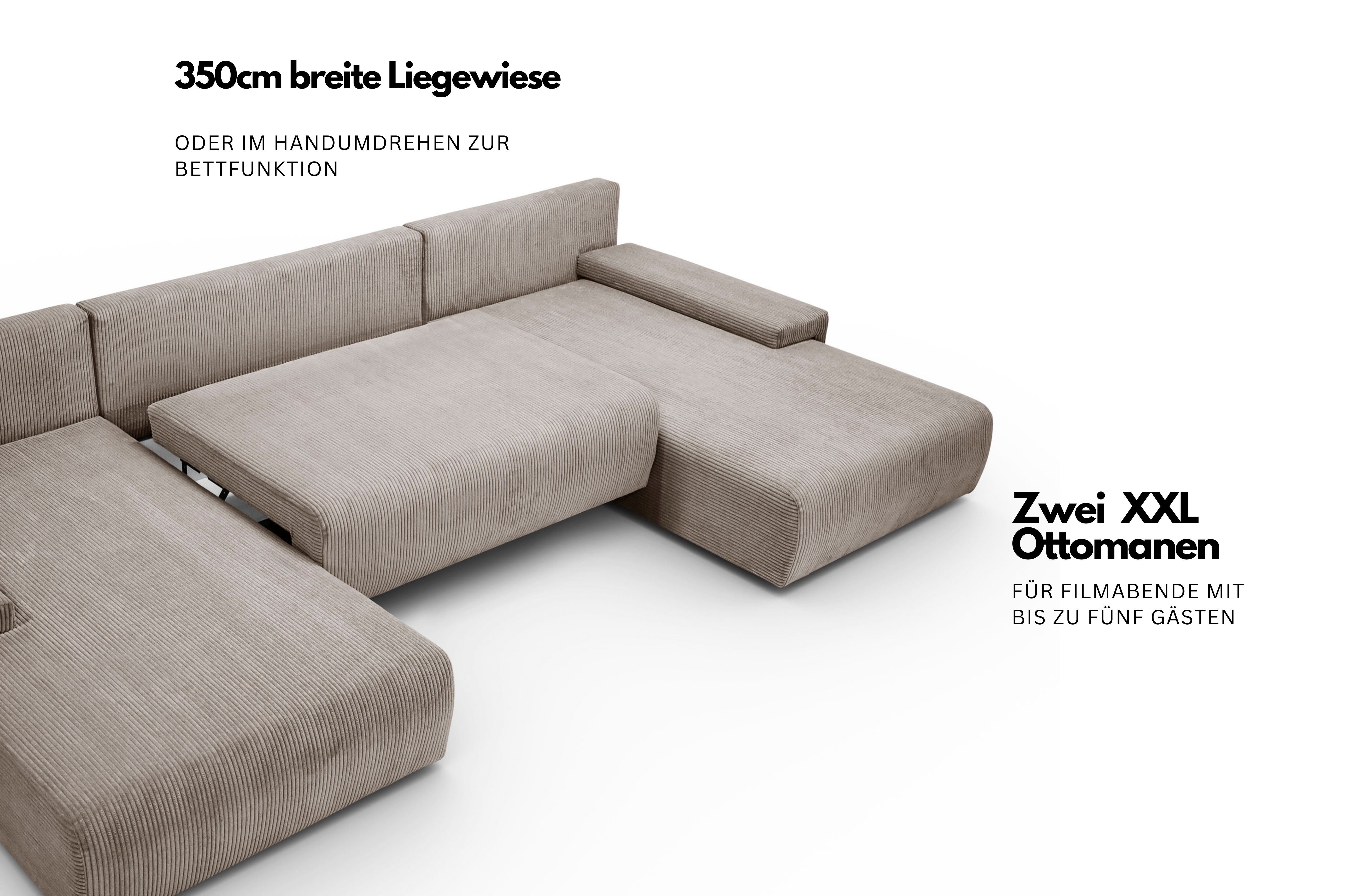 WERK2 Wohnlandschaft Amalfi 348 x 188 cm modern & bequem, viel Platz mit Bett & Bettkasten, Cord, U-Form, XXL, Schlaffunktion, Bettkasten – Bild 4 von 5