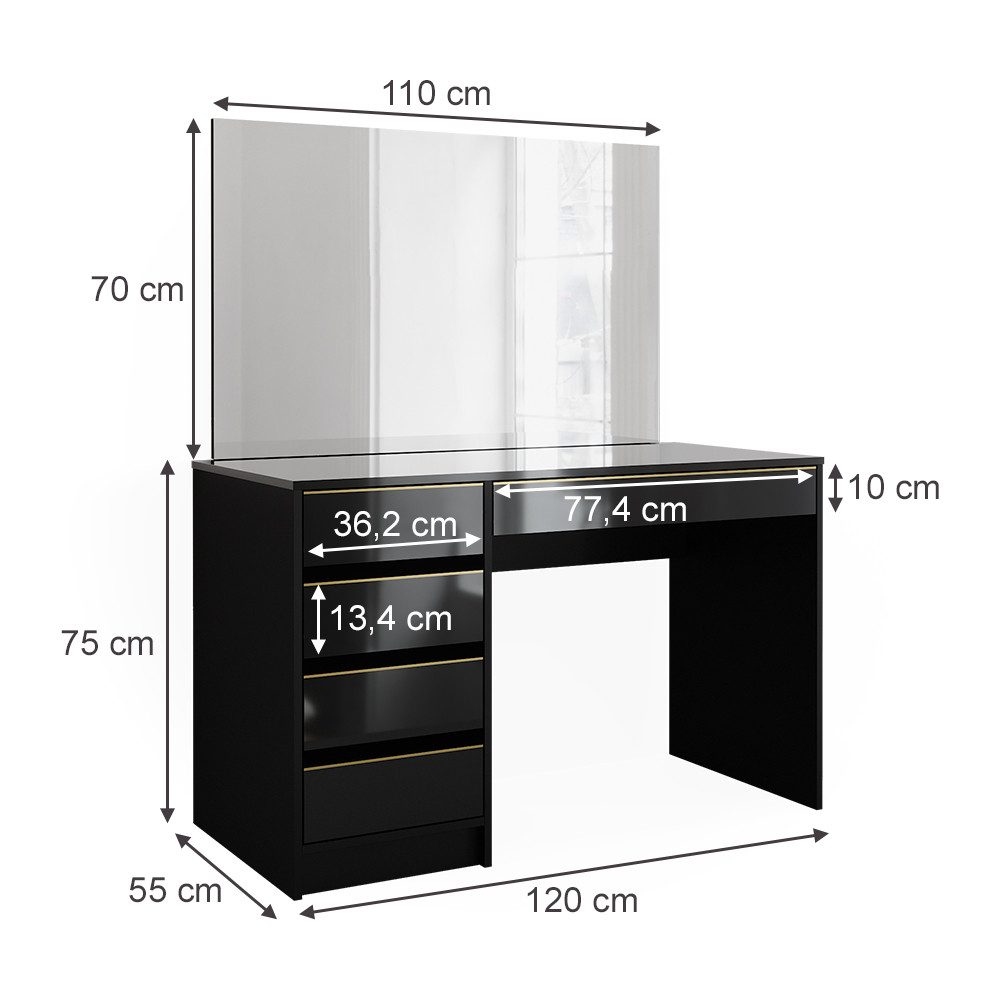 Vicco Schminktisch Sherry, Schwarz/Gold, 120 cm mit Spiegel (2-St)