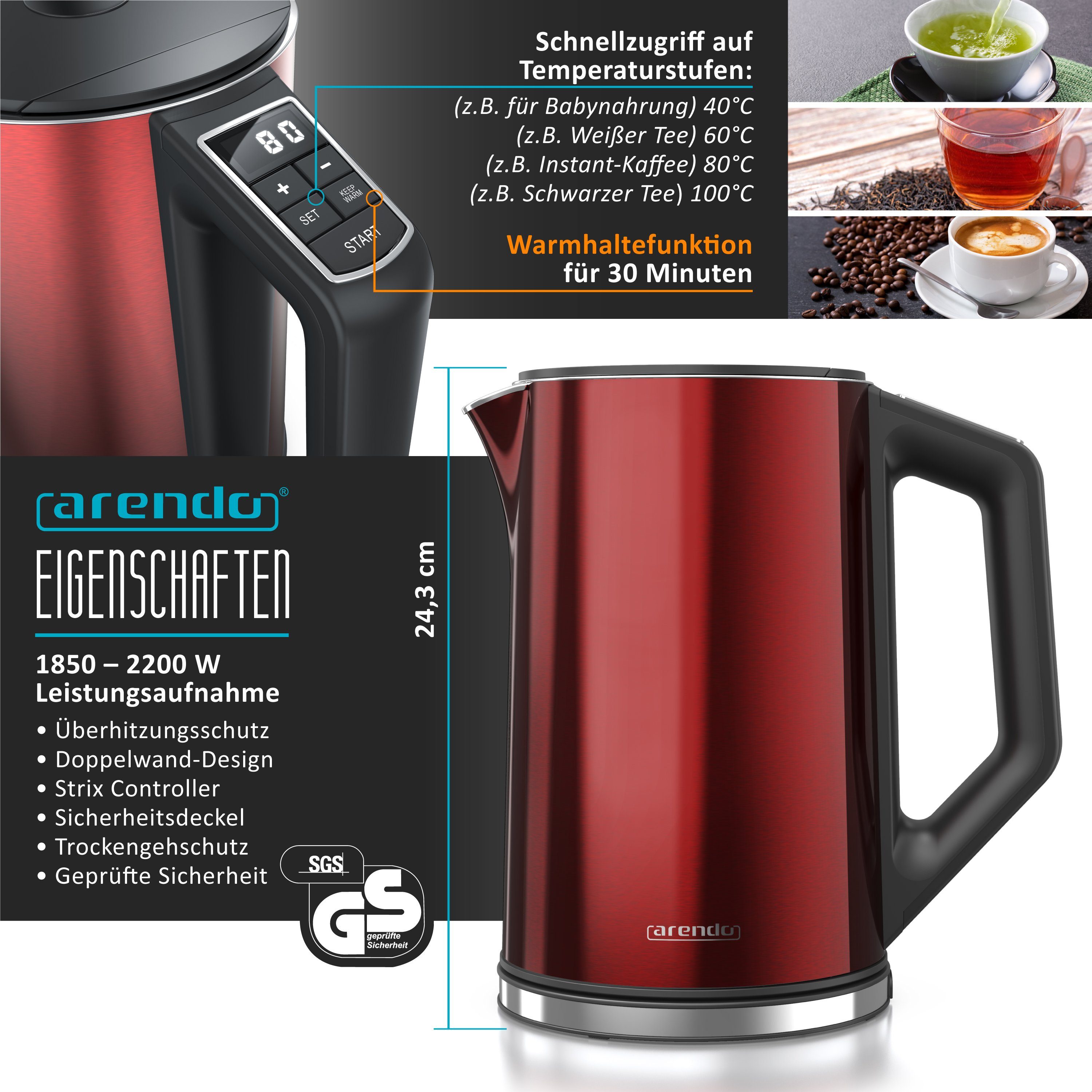 Arendo Frühstücks-Set Wasserkocher 1,5l & 2-Scheiben Langschlitz Toaster, Edelstahl, Rot (2-tlg), Wasserkocher mit Temperaturwahl, Toaster mit Brötchenaufsatz