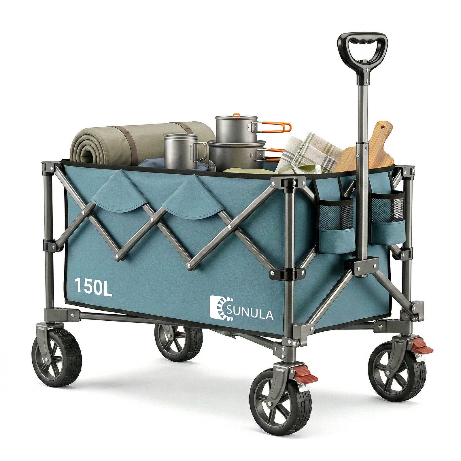 SUNULA Bollerwagen Handwagen Faltbar Bollerwagen, 150 L, Gartenwagen bis 120 kg belastbar, mit EIN-klick-Handgriff, Geländegängig Räder mit Bremsen