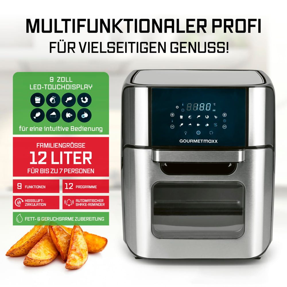 GOURMETmaxx Heißluftfritteuse 12 l - XXL-Ofen + Touchdisplay, 1800 W, fettarm frittieren knusprige Pommes, Hähnchen auftauen backen wärmen