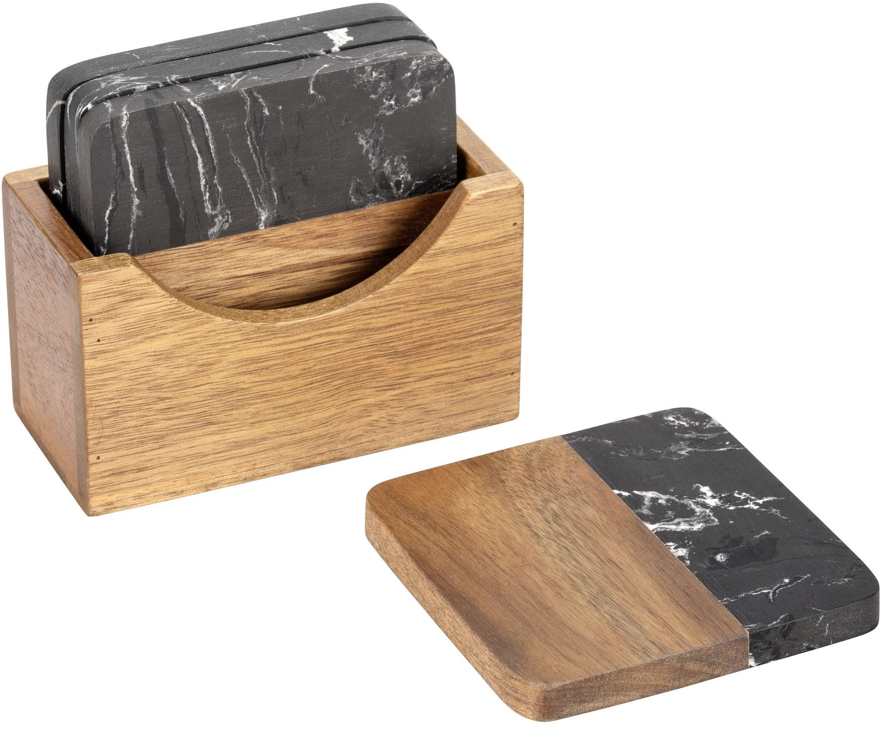 SCHÖNER WOHNEN-Kollektion Glasuntersetzer Atami, Set, 5-tlg., edle Getränkeuntersetzer aus Marmor & Akazienholz mit Halterung – Bild 5 von 5