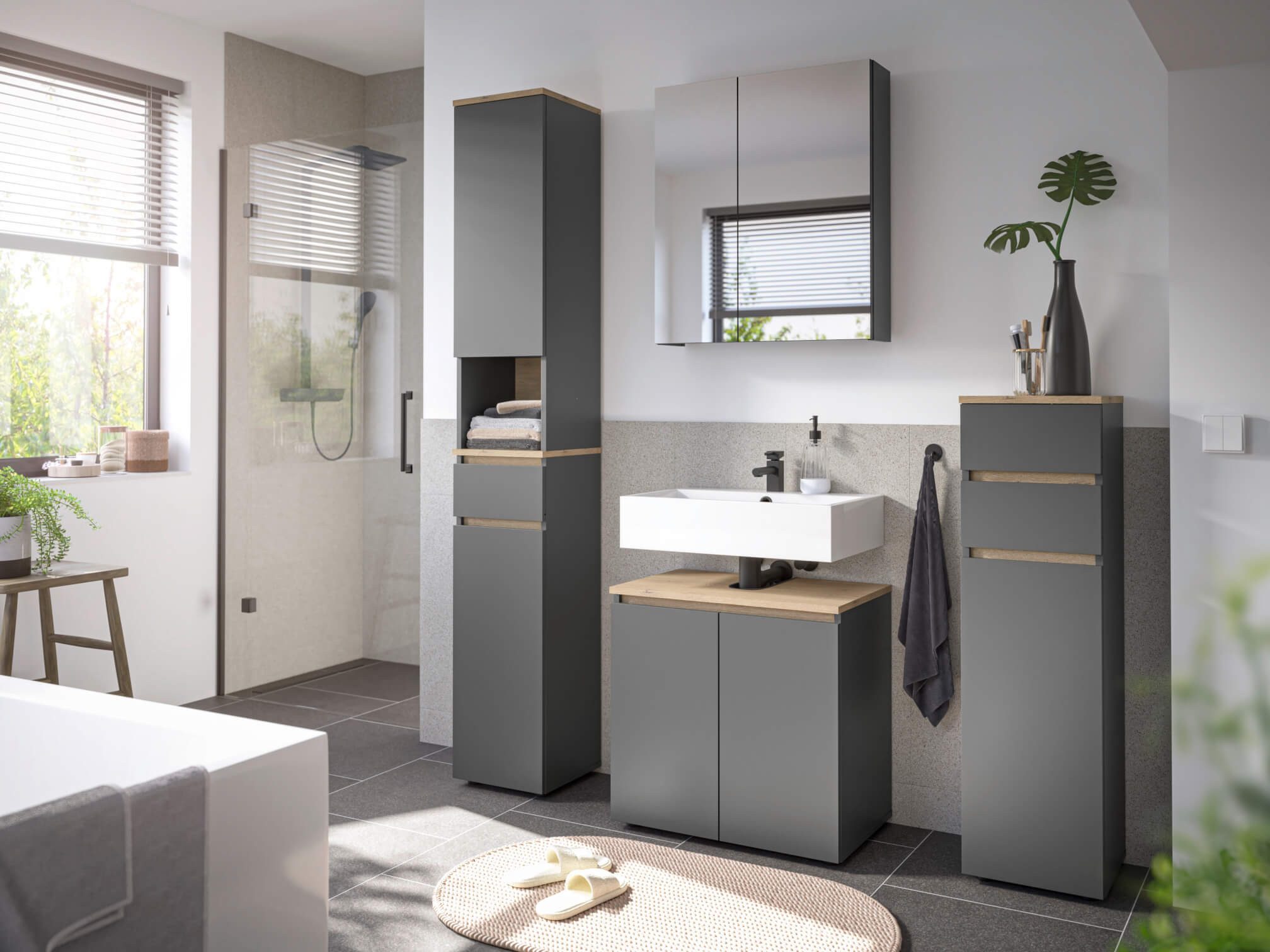 moebel-dich-auf Badmöbel-Set LONDRES, (Set 1, 4-St., Hochschrank, Spiegelschrank, Wbu, Kommode), in kaschmir oder anthrazit, Absetzung: Cremona Eiche