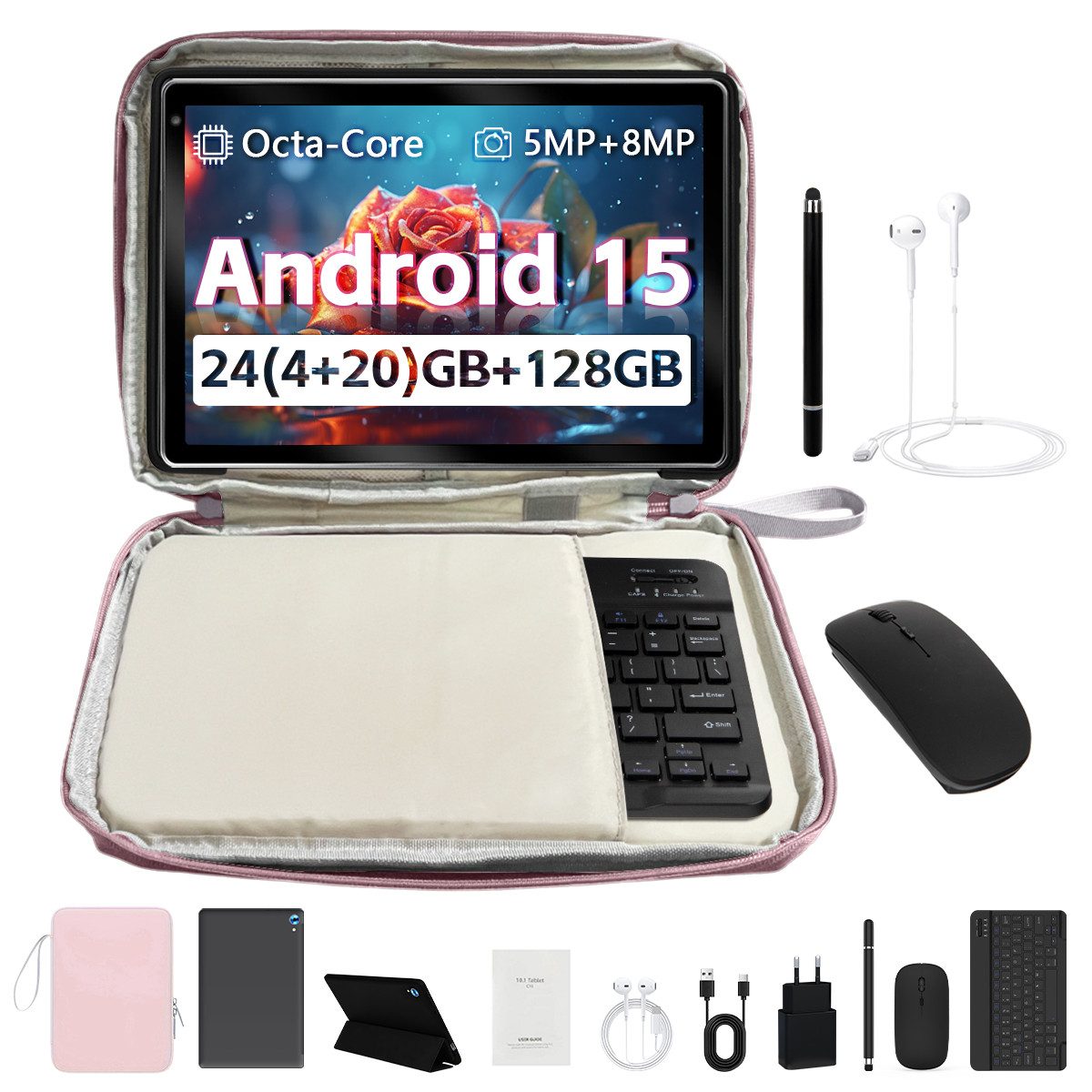 Happybe 10'' 128GB 8-in-1 Kit mit Tastatur, Stift und Hülle Set Android 15/16 Tablet (10", 128 GB, Android 15, Widevine L1, mit Blaulichtfilter, WLAN 6 BT 5)