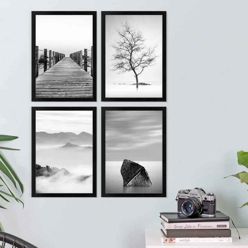 PHOTOLINI Bilderrahmen 4er Set 21x30 cm / DIN A4 Modern Schmal mit Acrylglas