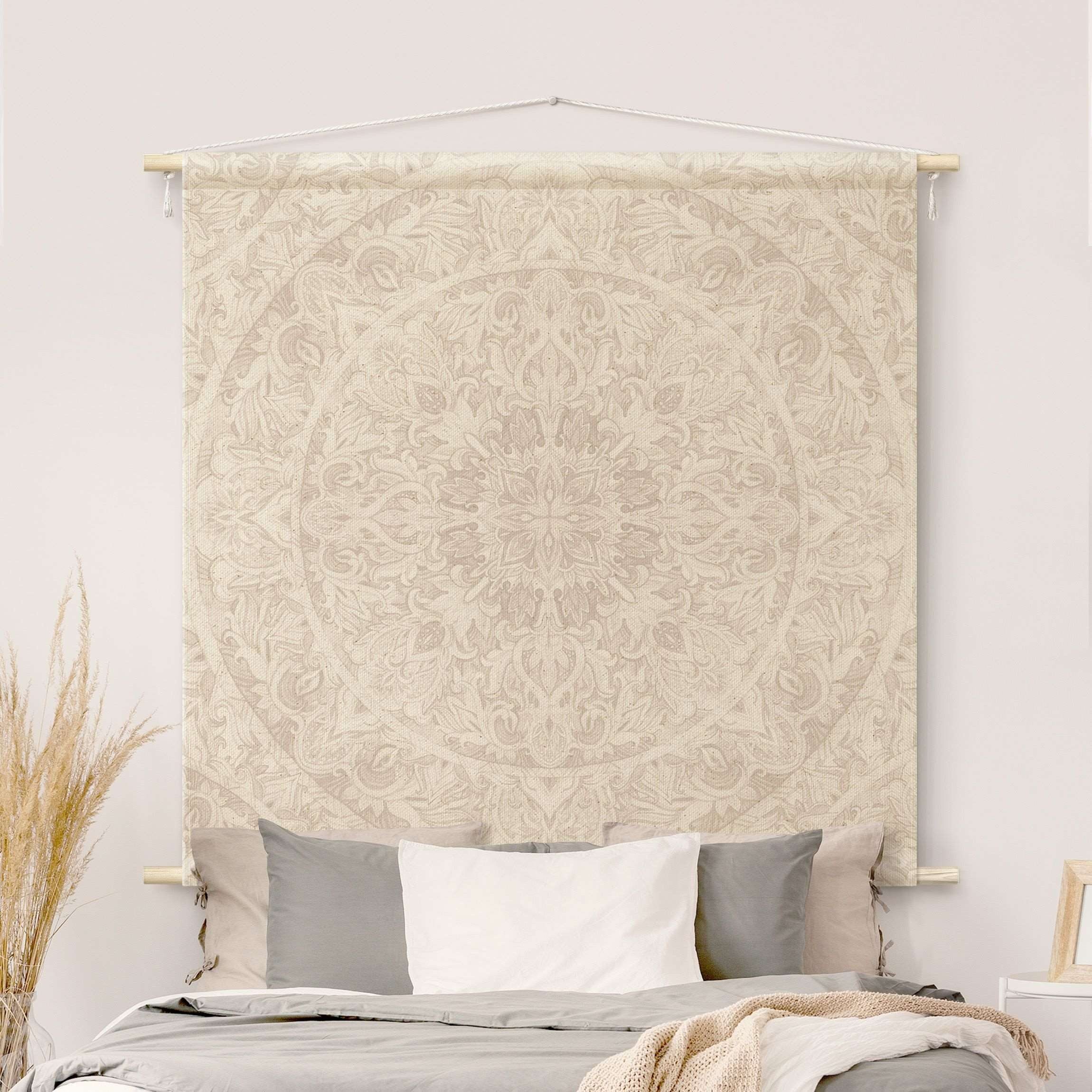 Bilderdepot24 Wandteppich modern Mandala Aquarell Muster Ornamente Spirituell beige, quadratisch, Höhe: 2.6 mm, großes Wandbild aus Natur-Baumwolle Wandbehang Stoffbild Tuch Wollseil
