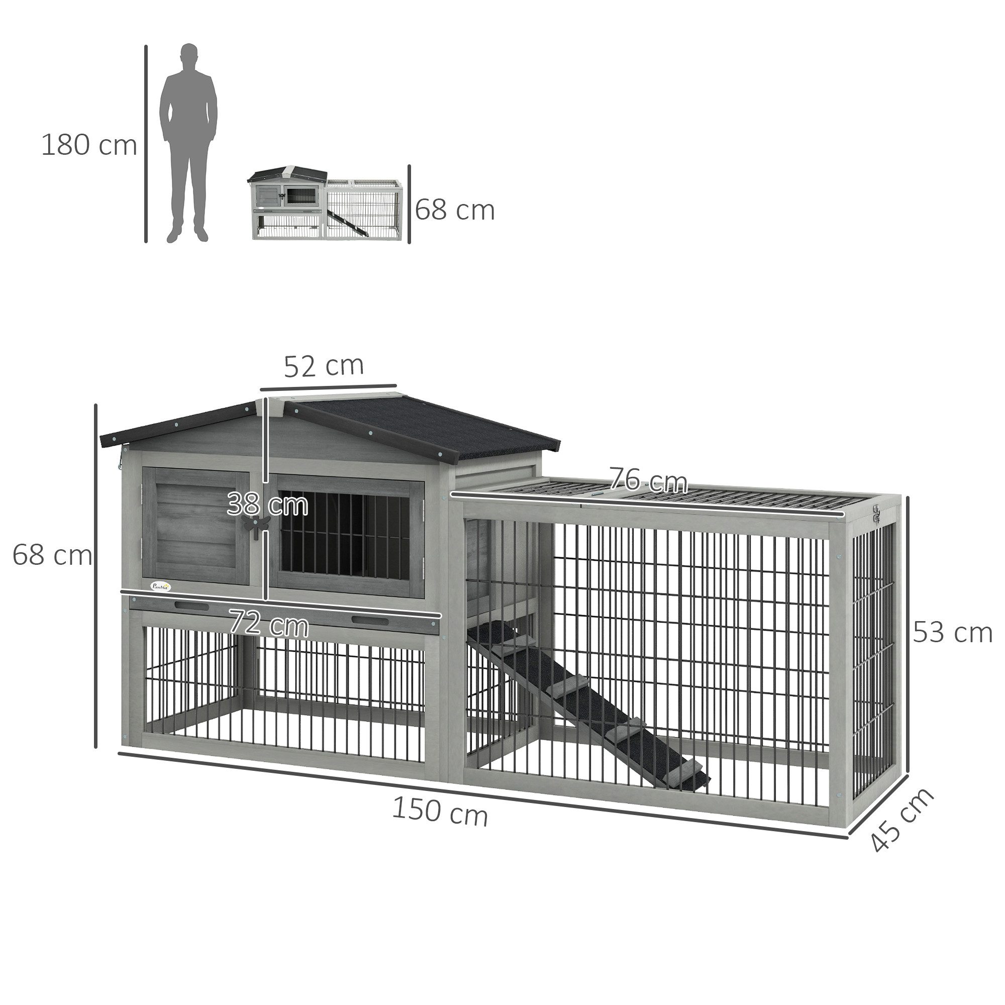 PawHut Kleintierstall mit Freigehege, Tannenholz, Grau, 150 cm x 52 cm x 68 cm