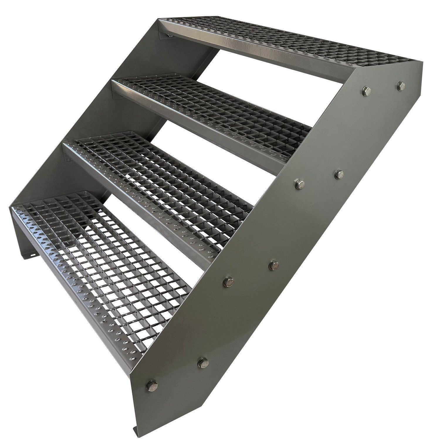 Kaminbau Mierzwa Außentreppe Premium Treppe Komplett Silber Höhe Verstellbar, für Geschosshöhen bis 76 cm, Stufen Gitterroststufen nach DIN 24531, (Höhe 76 cm, Breite wählbar aus 60, 80, 100, 120, 140 cm), Gartentreppe Stahltreppe Wetterfest Rostfrei Feuer-Verzinkt Rutschfest