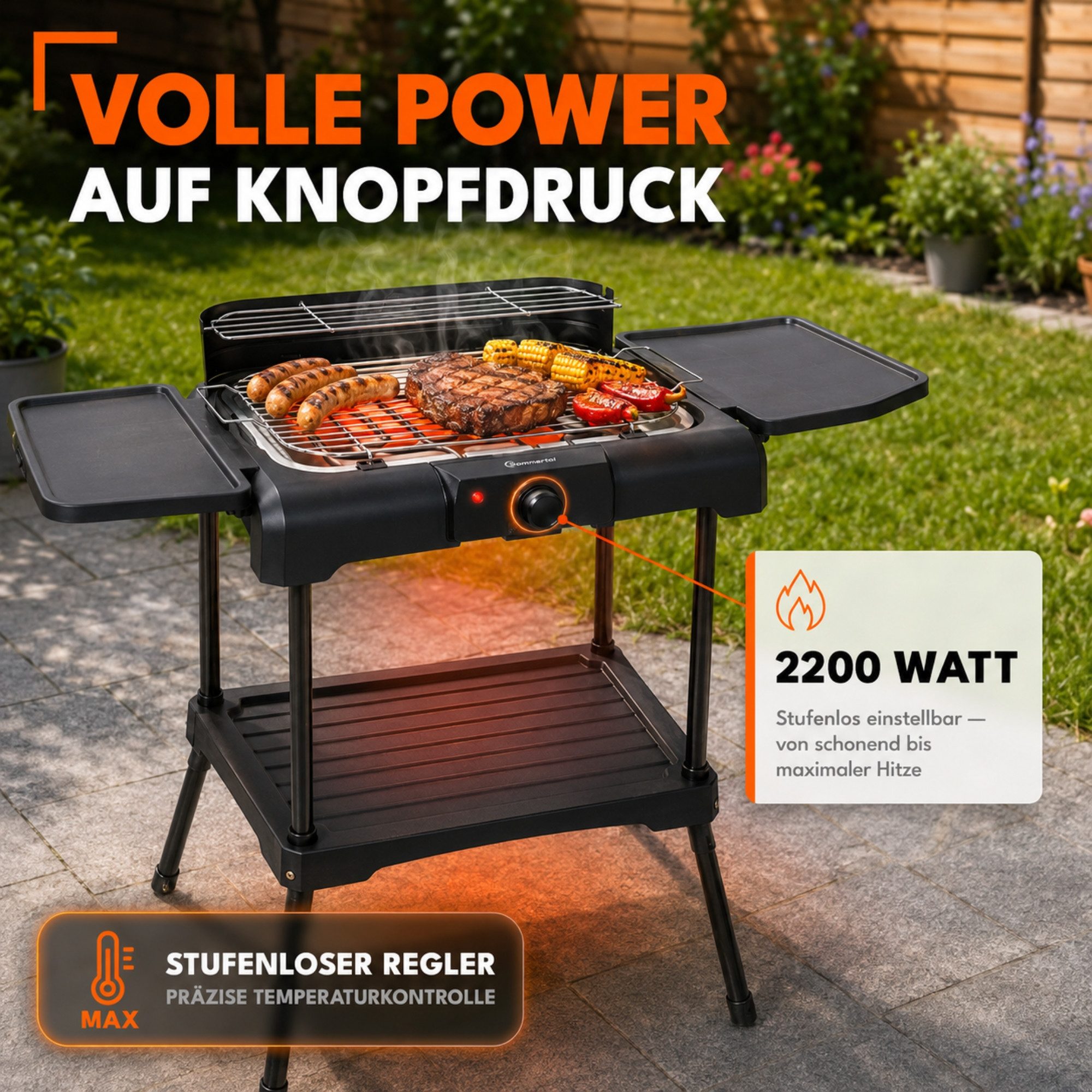 Sommertal Elektrogrill BBQ231 Elektrogrill Balkongrill 2200W Camping Grill, 2200 W, 2in1 Tischgrill mit Standfuß Stufenloser Temperaturregler