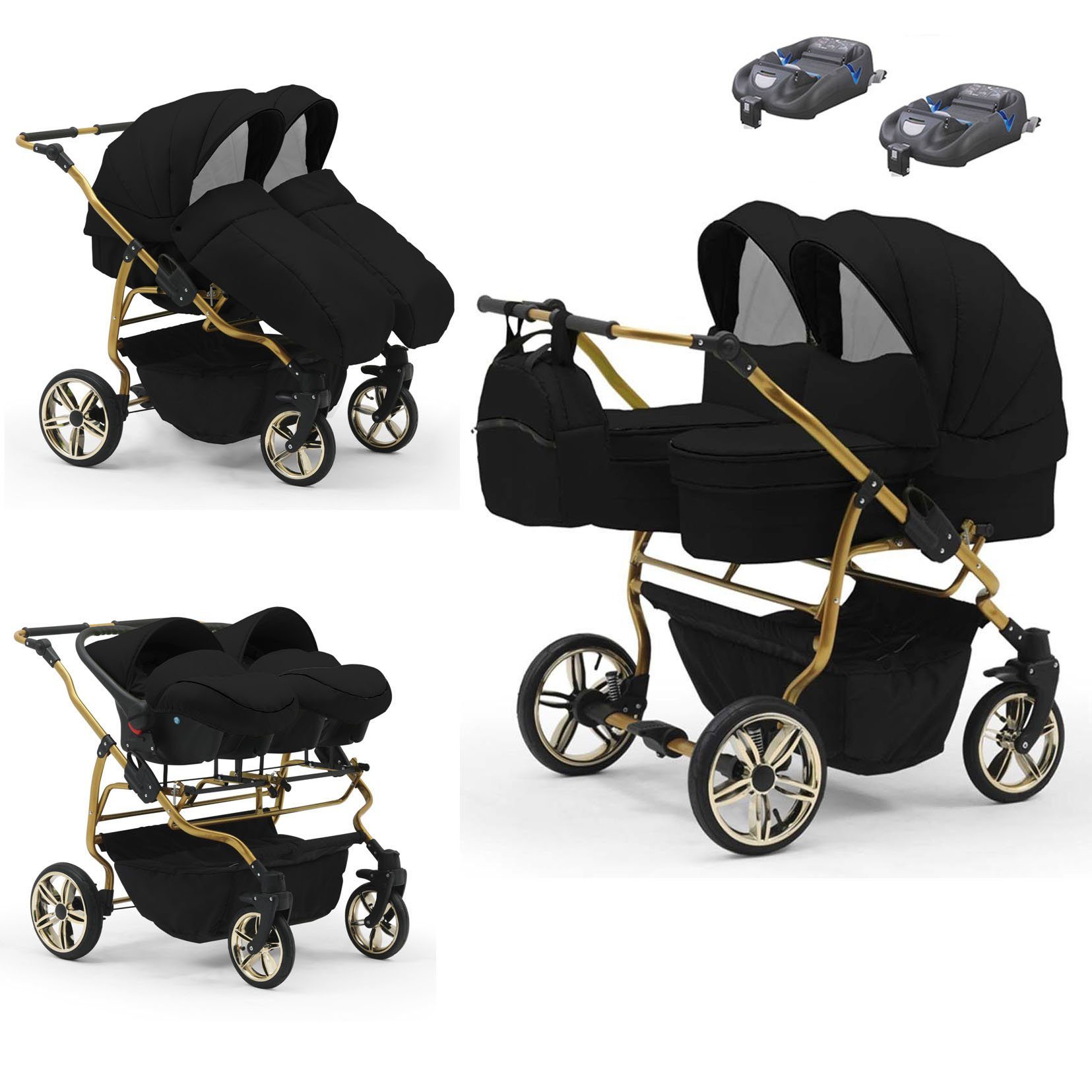 babies-on-wheels Zwillingswagen Zwillingswagen Duet Lux Gold 4 in 1 - 15 Teile - in 33 Farben Schwarz