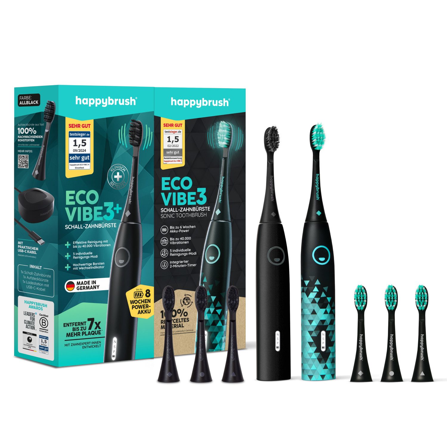 happybrush Schallzahnbürste Eco Vibe 3 Partnerset (AllBlack, Black-Mint), Aufsteckbürsten: 9 St., Eco Vibe 3, 3 individuelle Putz-Modi, Schalltechnologie