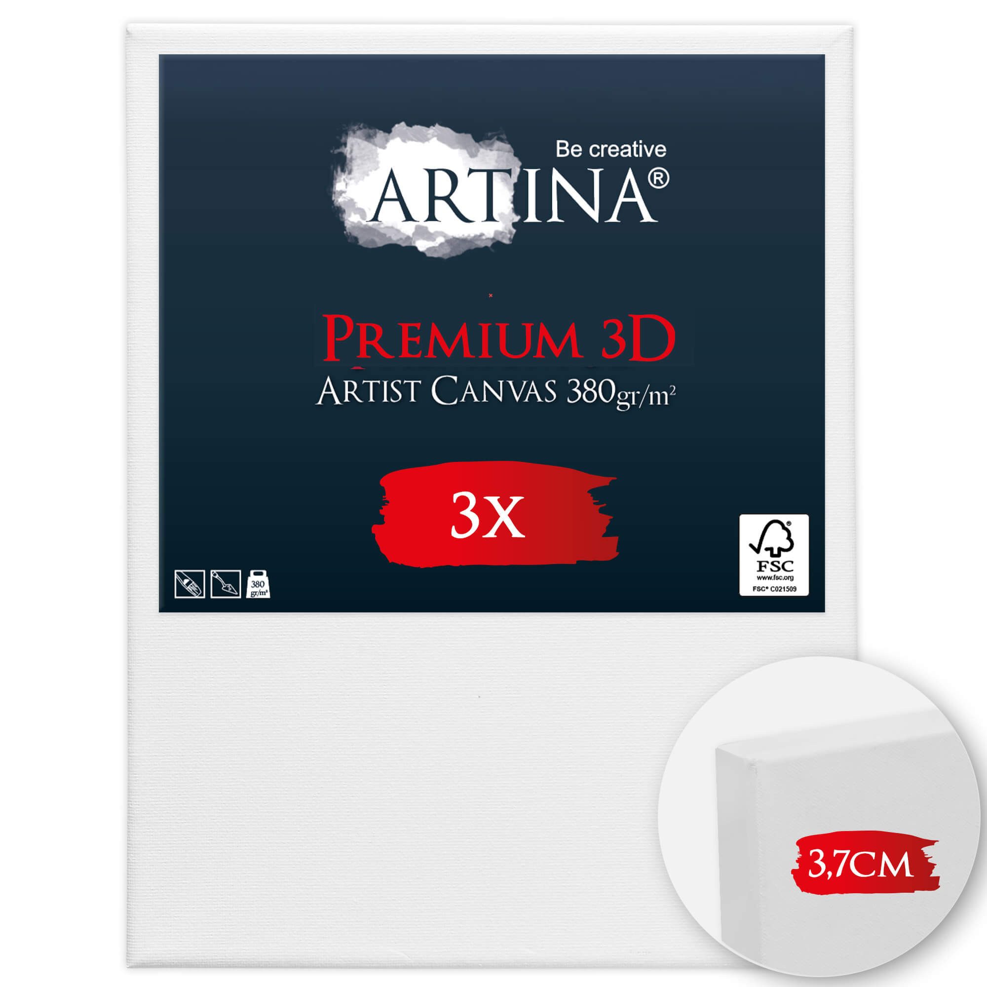 Artina Keilrahmen Keilrahmen Leinwand Premium 3D, 18x24cm, 3er Set, 380 g/m², verzugsfrei,3-fach weiß vorgrundiert,Premium Qualität, 100% Baumwolle