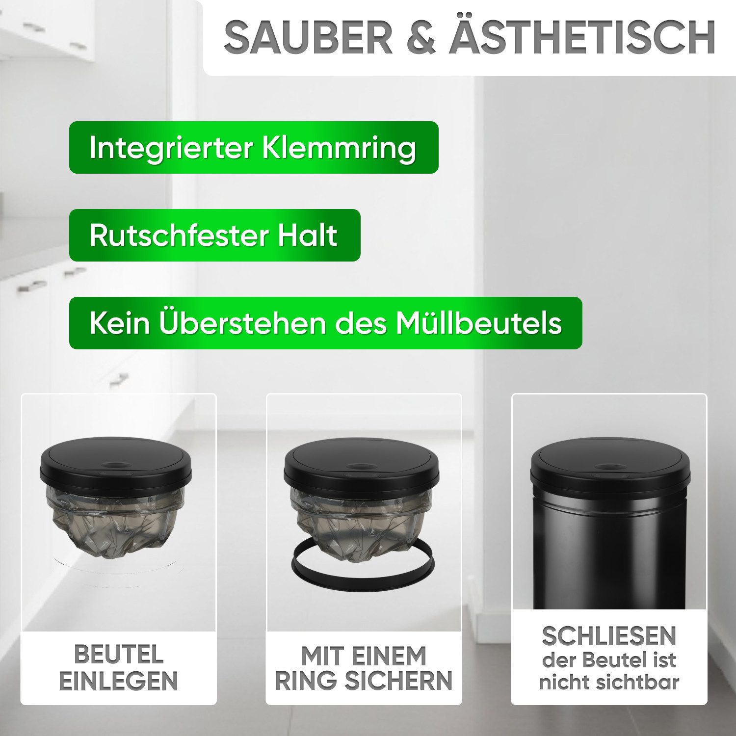 Allyson Mülleimer Edelstahl Mülleimer mit Sensor-Automatik Abfalleimer Trennsystem, 30L Rund-Design, 0.3s Infrarot-Sensor, Soft-Close, Edelstahl 410