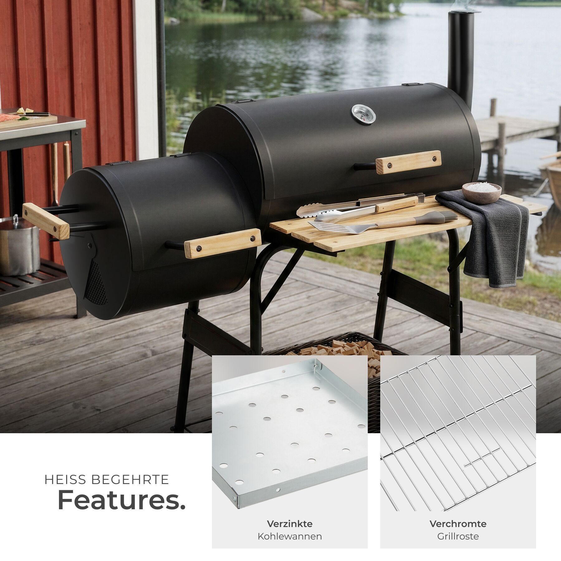 tectake Holzkohlegrill Smoker Grill 2in1 mit Thermometer, 2 Kammern, 2 Ablagen, 2 Räder, Smoker Grill, in Schwarz, regulierbare Luftzufuhr für präzise Temperatu – Bild 4 von 5