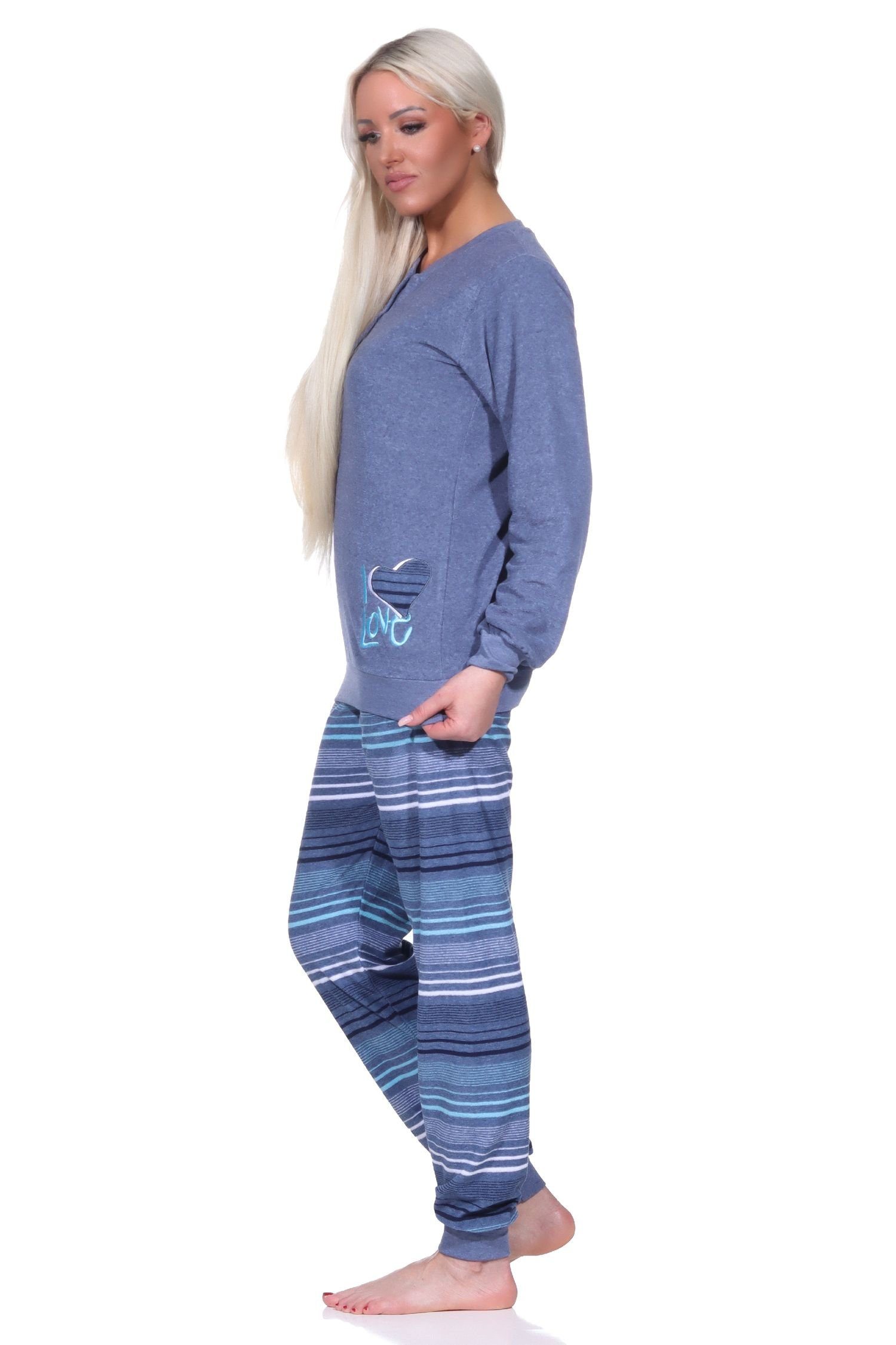 Bündchen Damen blau-melange gestreift mit langarm Pyjama Frottee Schlafanzug Normann Hose