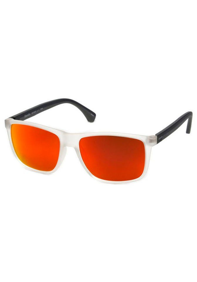 einer orangefarbenen mit Sonnenbrille Bench. Verspiegelung