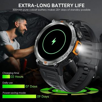 LaNikar Herren mit Telefonfunktion,3ATM Wasserdicht Militär Smartwatch (1.45 Zoll, Andriod iOS), mit LED Taschenlampe RobusteOutdoorUhren mit 24H Gesundheits-Screening