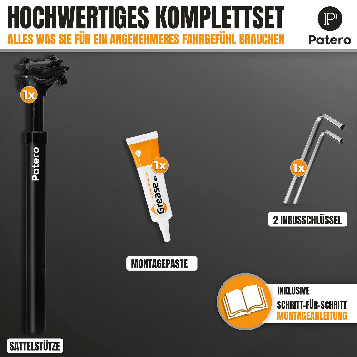 Patero Sattelstütze gefederte Sattelstütze, inkl. Montagepaste, Werkzeug & Anleitung