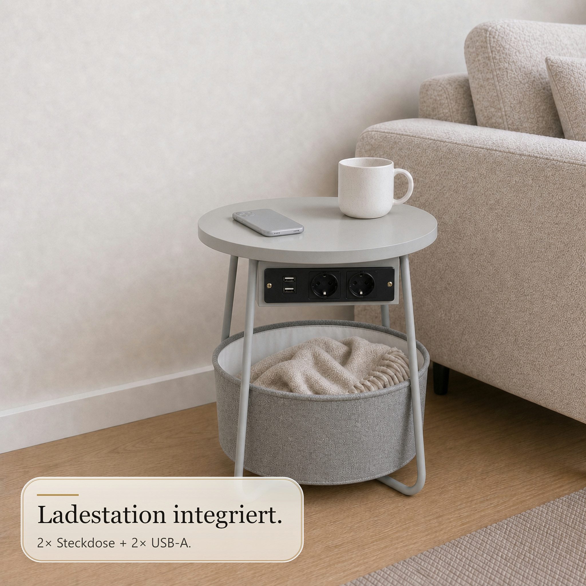 Floordirekt Couchtisch Dario Runder mit 2 Steckdosen A Stauraumkorb 2 USB 4 Farben (Einzelartikel), Integrierte Stromanschlüsse und USB-Ports – Bild 2 von 5