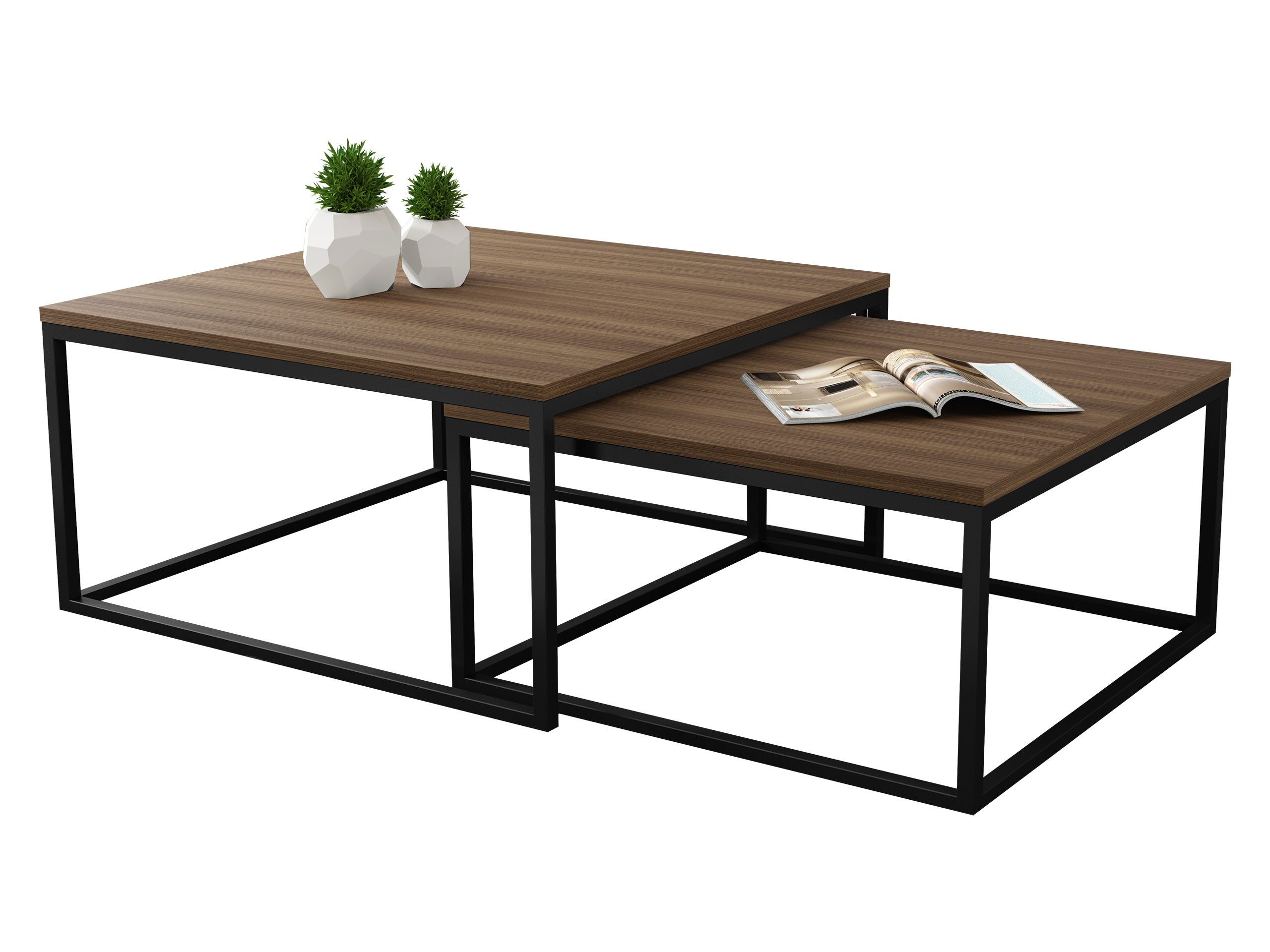 MIRJAN24 Couchtisch Dual (2er-Set), Vierkantrohrrahmen aus Stahl, schwarz pulverbeschichtet