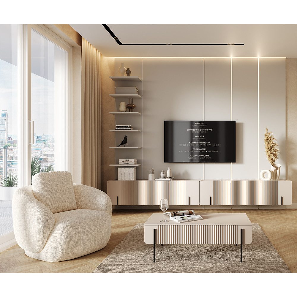 Lomadox Wohnzimmer-Set MEAFORD-141, (Mega-Spar-Set, 3-St., Lowboards Couchtisch), in Kaschmir, schwarze Füße, Softclose-Funktion, Rillenfront, grifflos