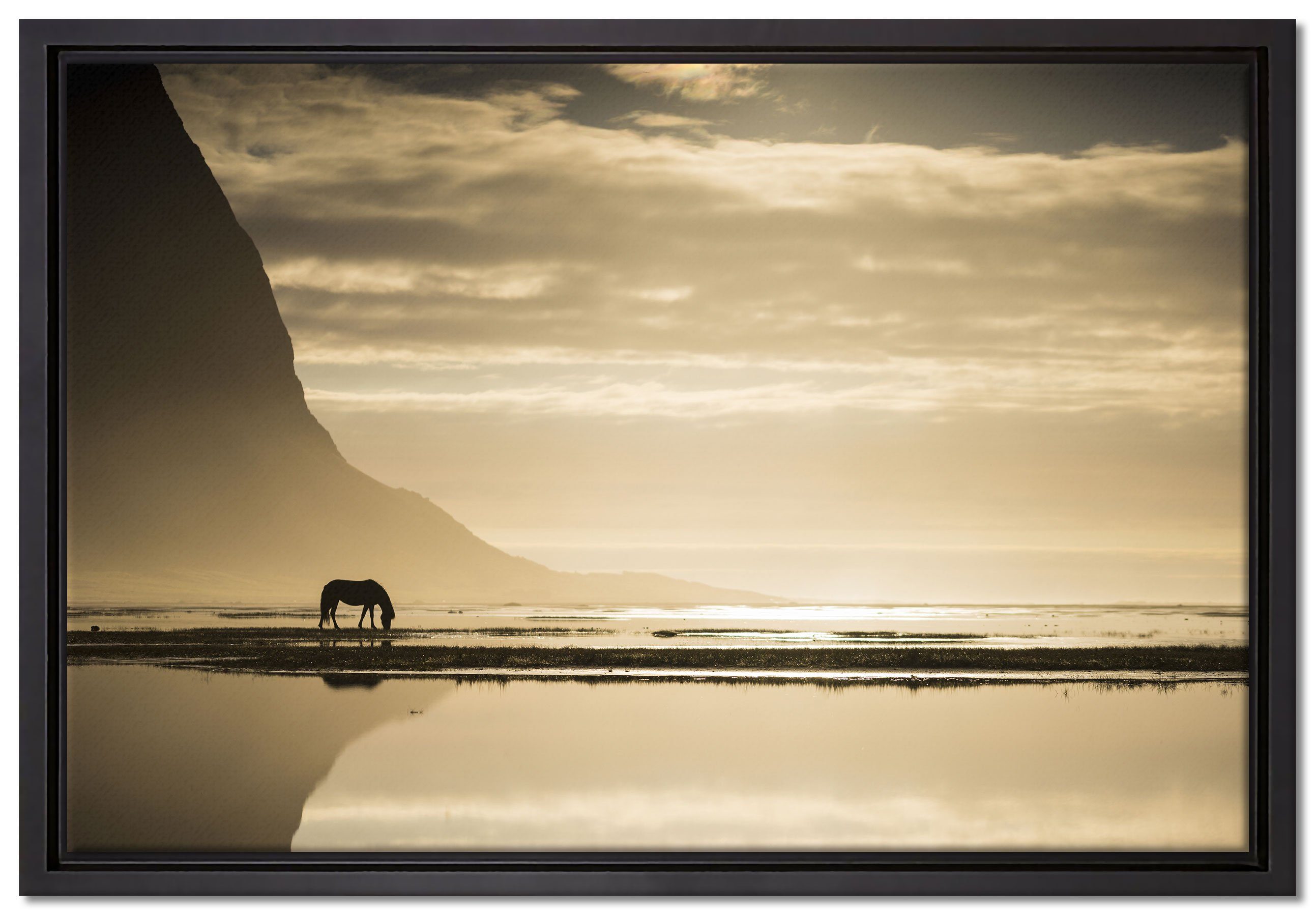 Pixxprint Leinwandbild Pferd am Ufer einer Insel, Wanddekoration (1 St), Leinwandbild fertig bespannt, in einem Schattenfugen-Bilderrahmen gefasst, inkl. Zackenaufhänger
