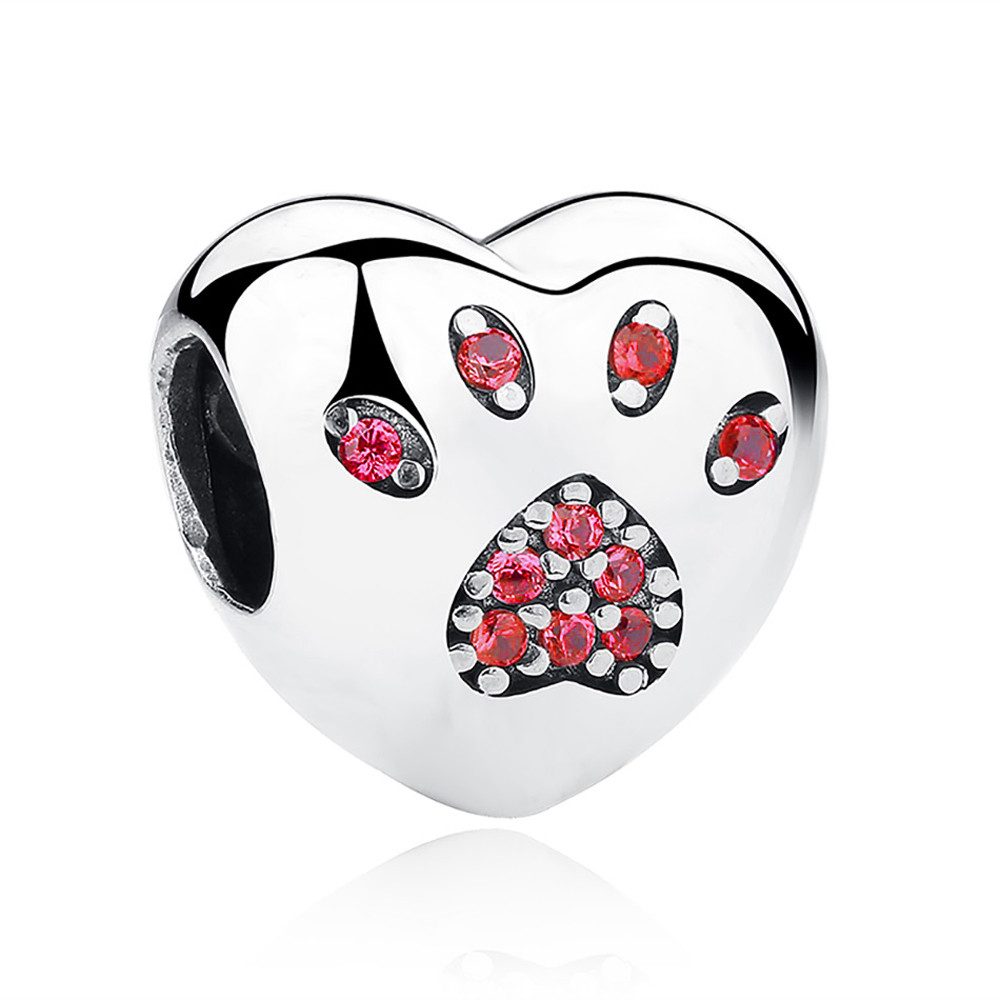 Bead Pfötchenherz Rot Charm für Charm Armband, 925er Silber, Zirkonia