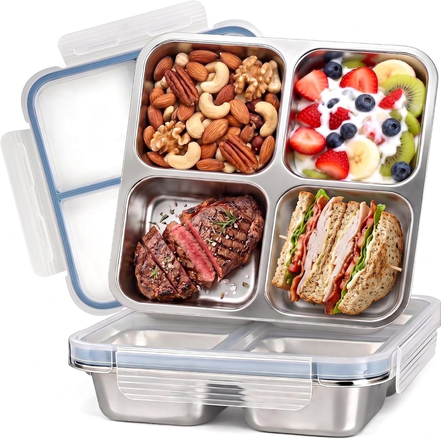 FELIXLEO Lunchbox 2er Snackbox Edelstahl 4 Fächer 720ML Bento Box leckdicht mit Deckel