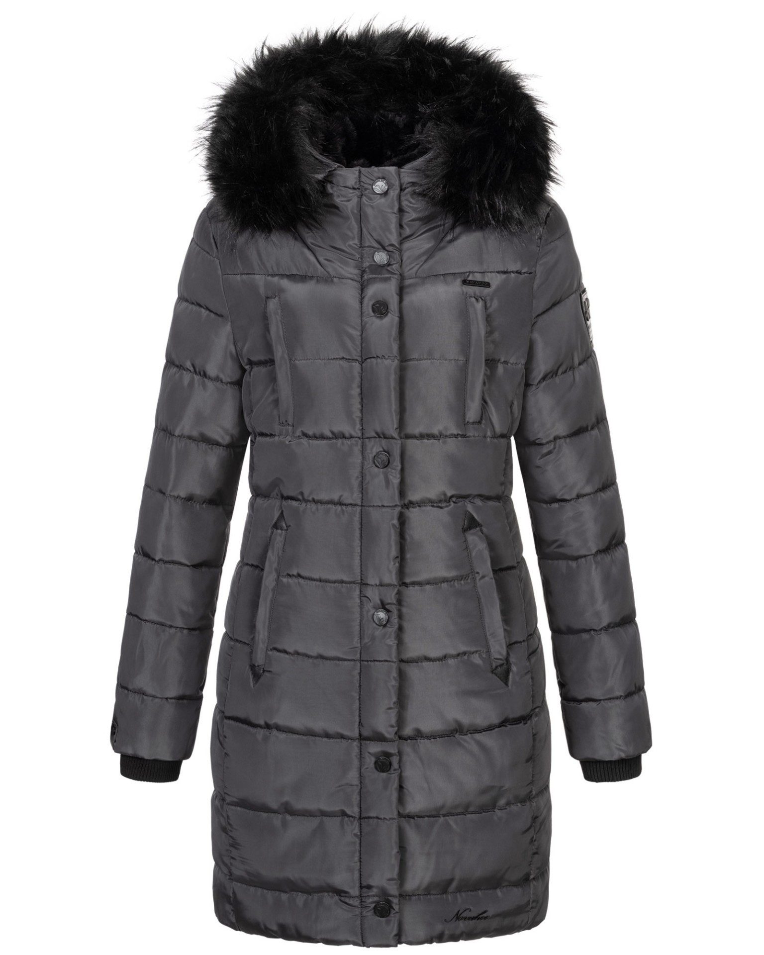Navahoo Winterjacke Steppjacke lang mit Kapuze – Warm gefüttert Lange Winterjacke mit Teddyfutter und abnehmbarem Kunstfell