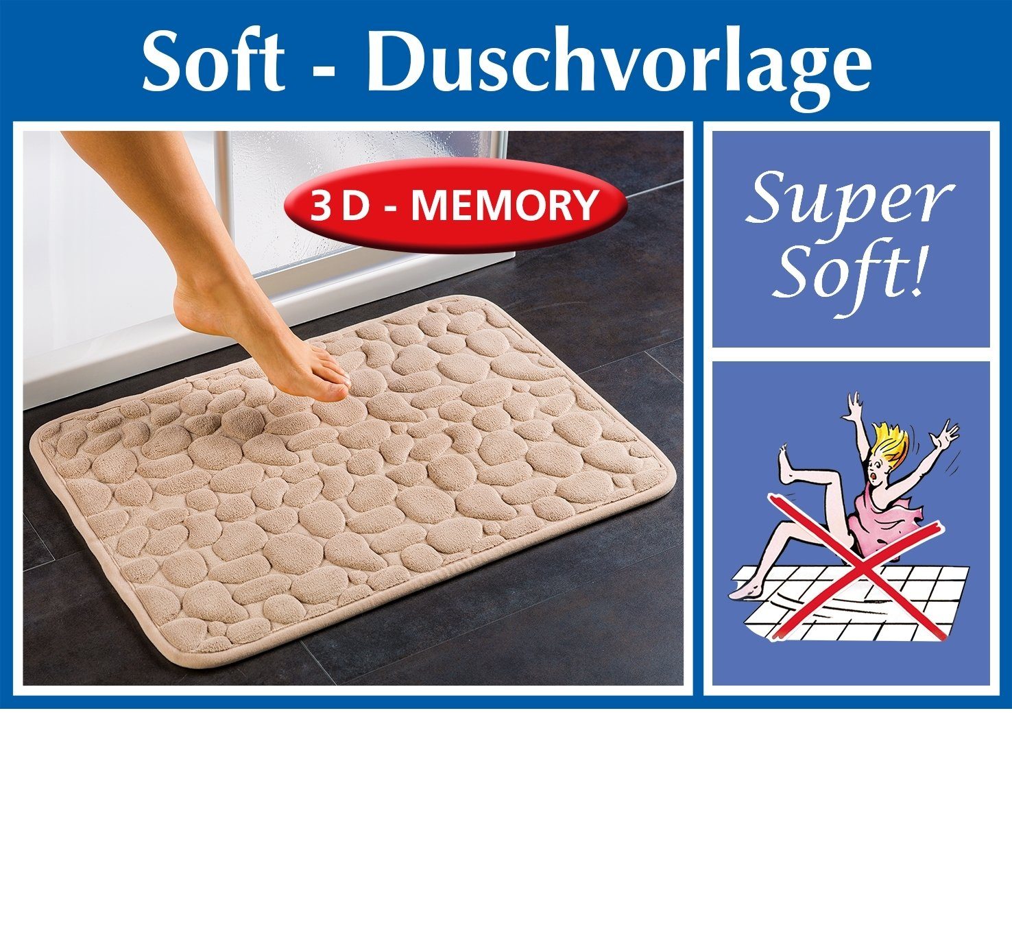 Badematte Soft Duschvorlage Farbe beige Rückseite rutschfest Größe: 60 x 40 cm.