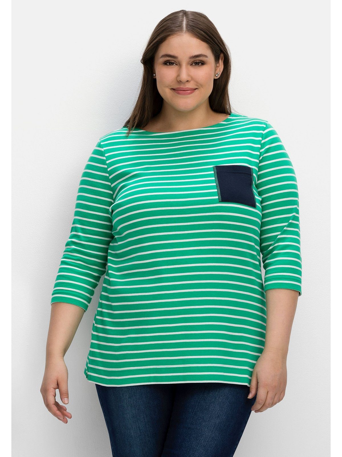 Größen Sheego mit kontrastfarbener 3/4-Arm-Shirt Brusttasche Große